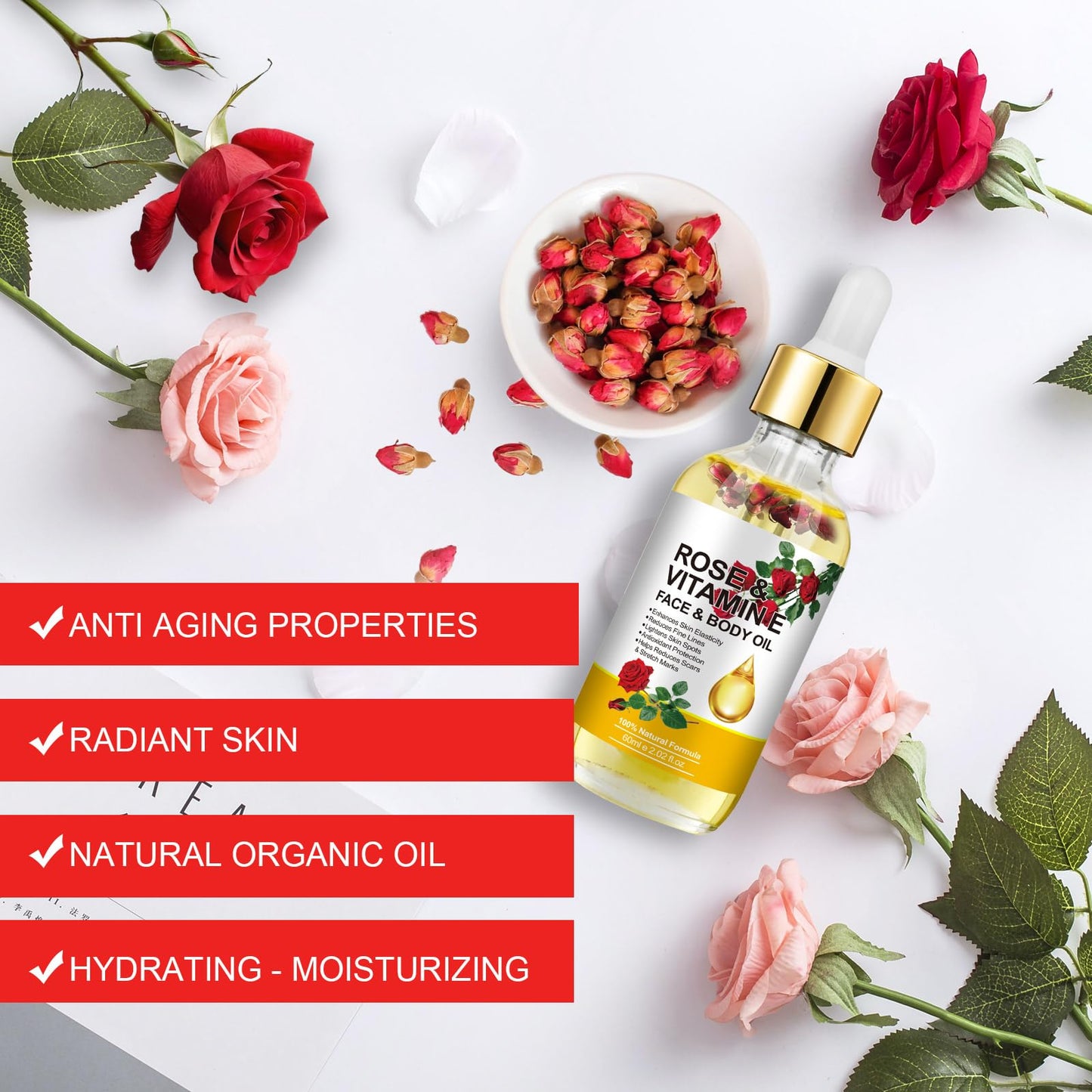 Tamiodfo Rose Vitamin E Oil,Rose Vitamin E Hydrating Oil for Skin Anti-Aging Hydration Nurtures,Enhances Skin Elasticity and Radiance, Lightens Skin Spots, Reduces Fine Lines, Scars & Stretch Marks