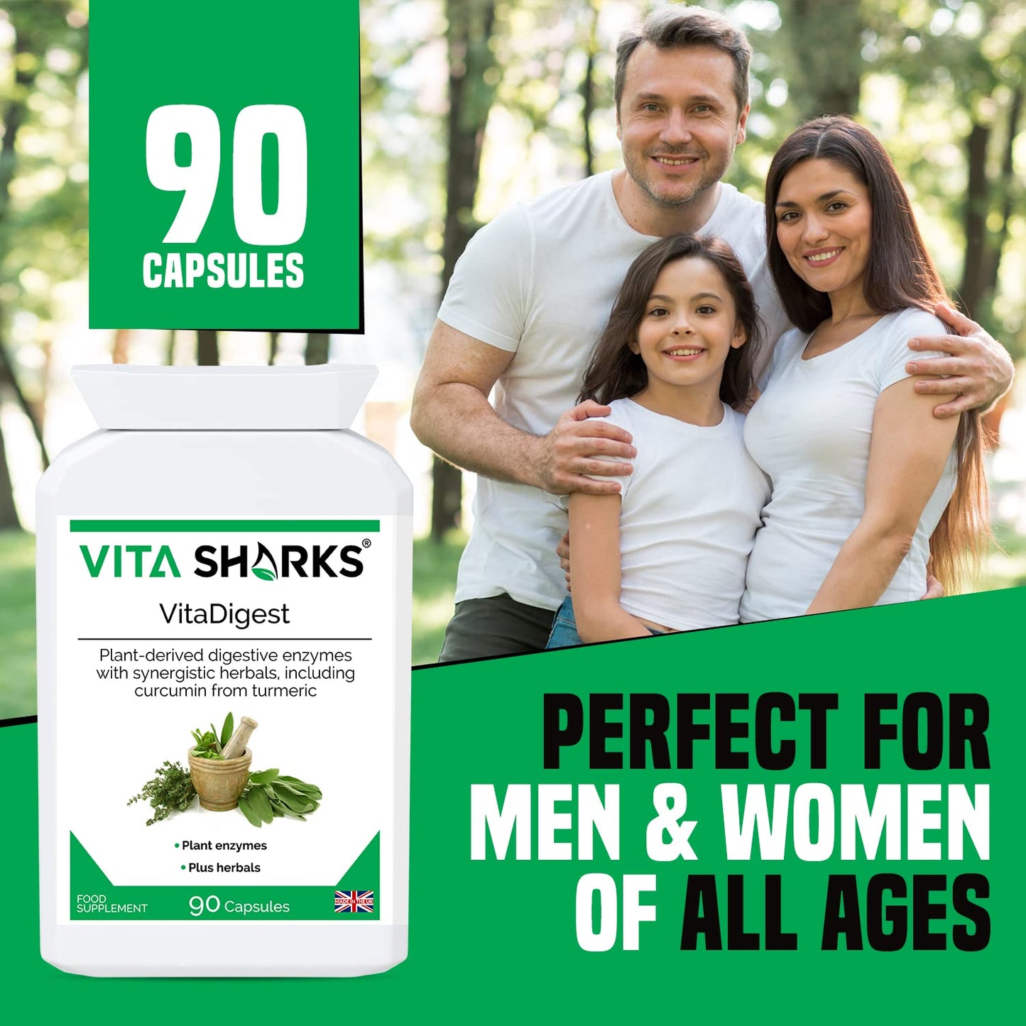 Vita Sharks VitaDigest Vegan 90 Capsules. Natural Gut Soothing Digestive Enzymes, Curcumin & Turmeric; for Gut Cleansing, Immunity & to Combat Bloating, Bowel & Digestion Issues
