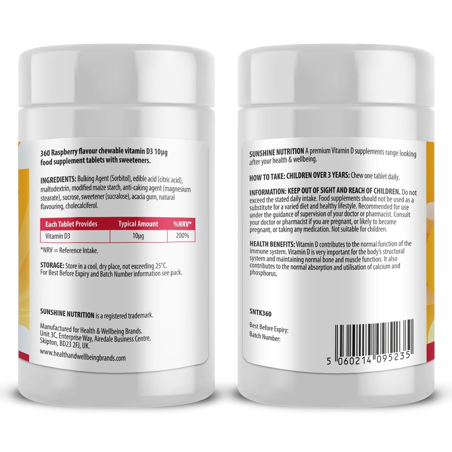 Vitamin D Chewable Supplements for Children 360 Raspberry Flavour Tablets by Sunshine Nutrition (Kids Chewable D3)