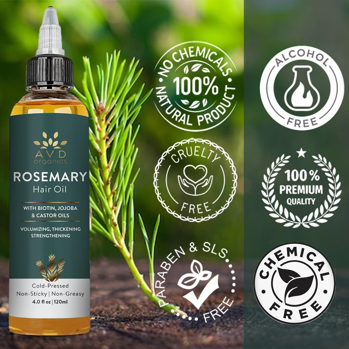 AVD ORGANICS AVD Organics Rosemary Oil for Hair – Infused with Biotin, Jojoba & Castor Oil – Strengthening, Nourishing & Volumising Hair Oil – Non-GMO – 120ml