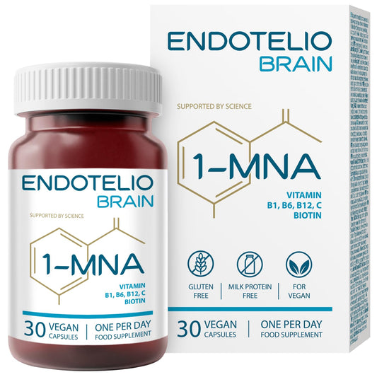 ENDOTELIO Endotelio Brain 1-MNA, Anti Aging, Optimizing NAD+, Ginkgo Biloba, Zinc, Biotin, Vitamin C and B Complex, Biohacking Supplement, Memory, Focus, Mood, Enhanced Bioavailability, 30 Caps