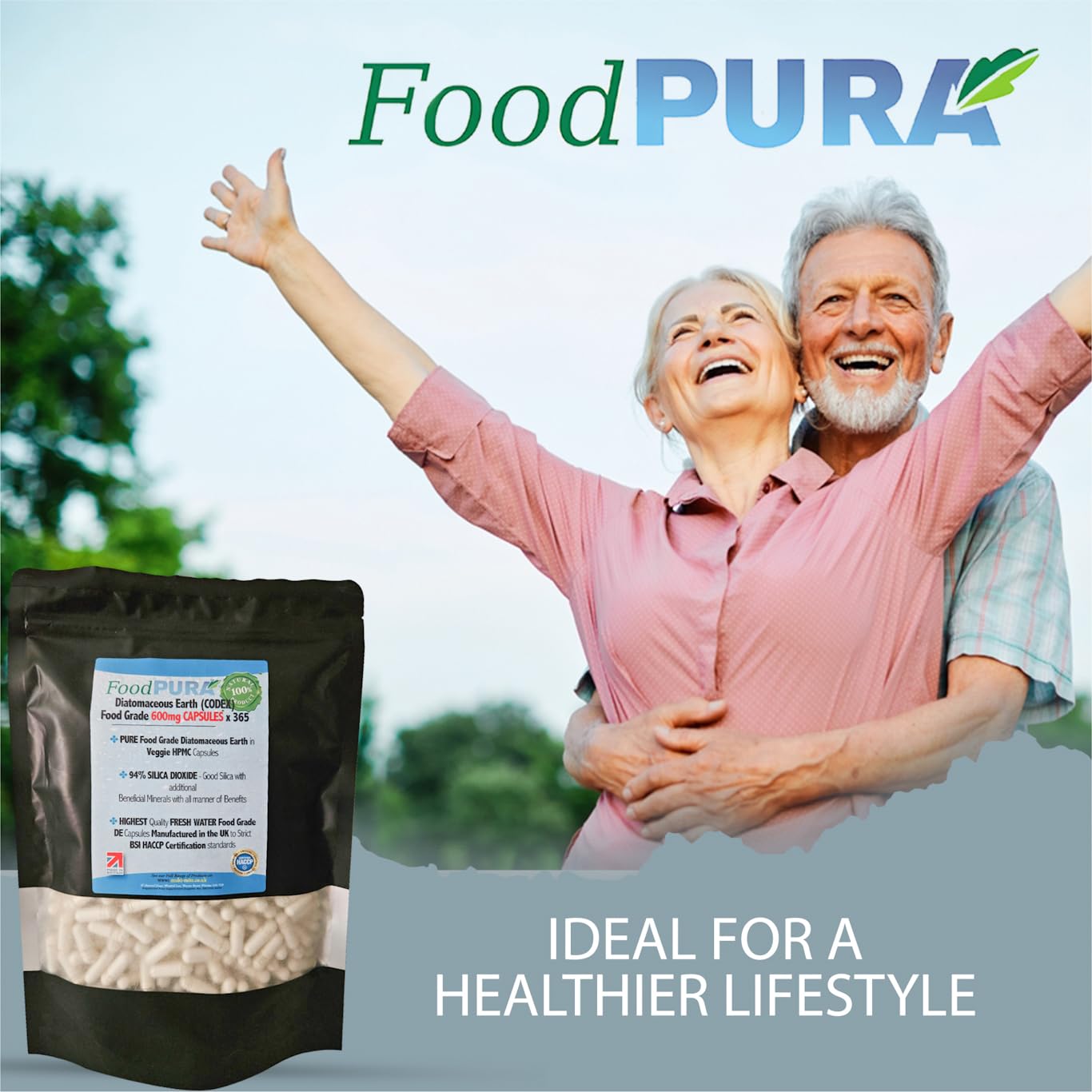 FoodPURA Food Grade Diatomaceous Earth Capsules (Codex) Pure White 94% Silica Fresh Water Sourced 600mg (365)