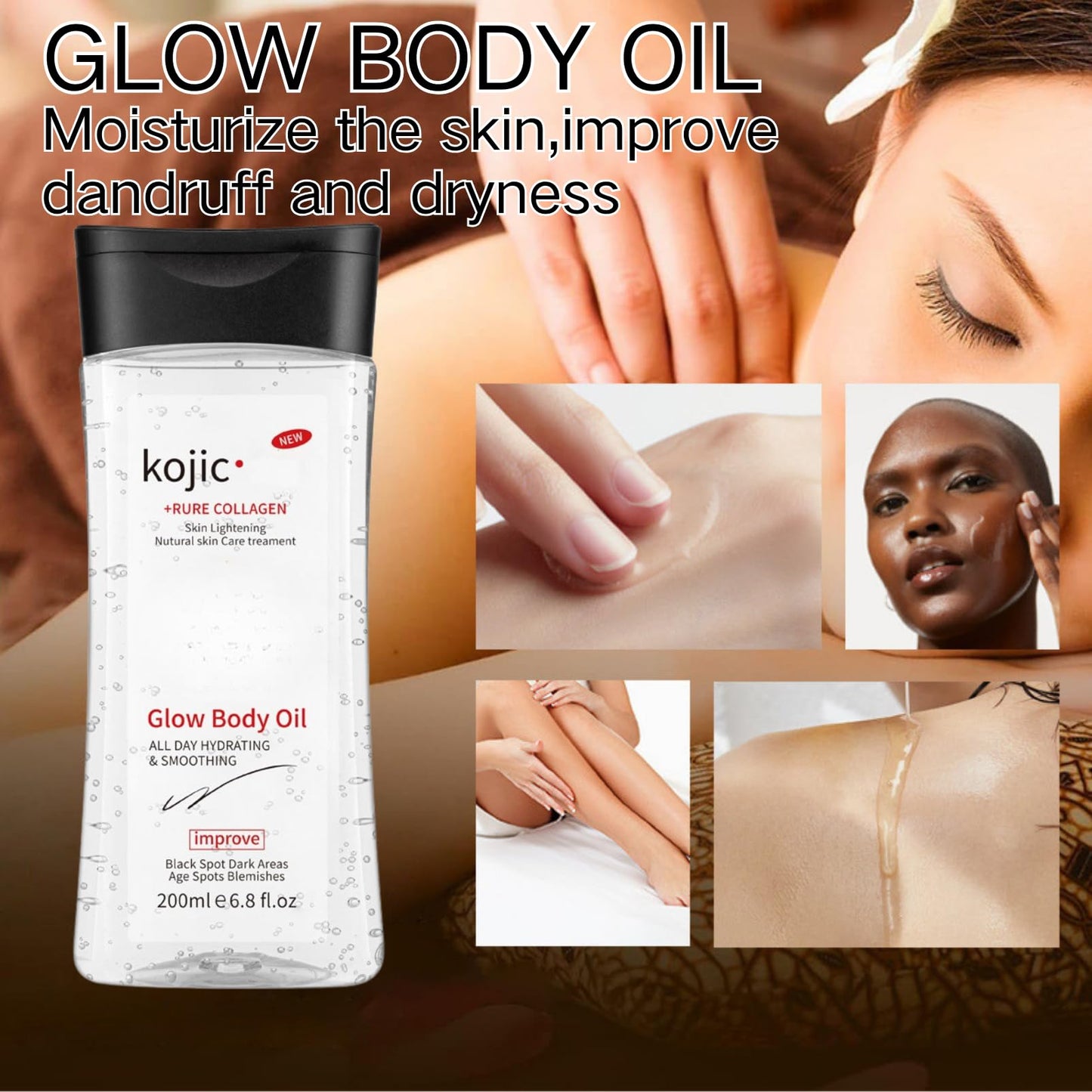 Kojic Acid Essential Oils for Skin – Brightening & Hydrating Body Oil for Women – Natural Massage Oil for Dry Skin – Lightweight, Easy-Absorb Gel Texture – Face & Body Skincare, Even Skin Tone 200ml