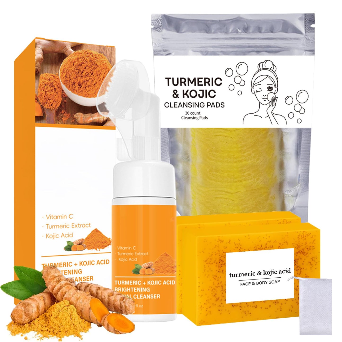 KoolShiro Turmeric Wash and Care Three Piece Set,Tuemeric Facial Cleanser & Turmeric Soap Bar & Turmeric Face Scrub Pads, Turmeric Cleansing Skincare Set for Face & Body, Deep Cleansing
