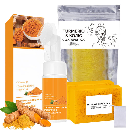 KoolShiro Turmeric Wash and Care Three Piece Set,Tuemeric Facial Cleanser & Turmeric Soap Bar & Turmeric Face Scrub Pads, Turmeric Cleansing Skincare Set for Face & Body, Deep Cleansing