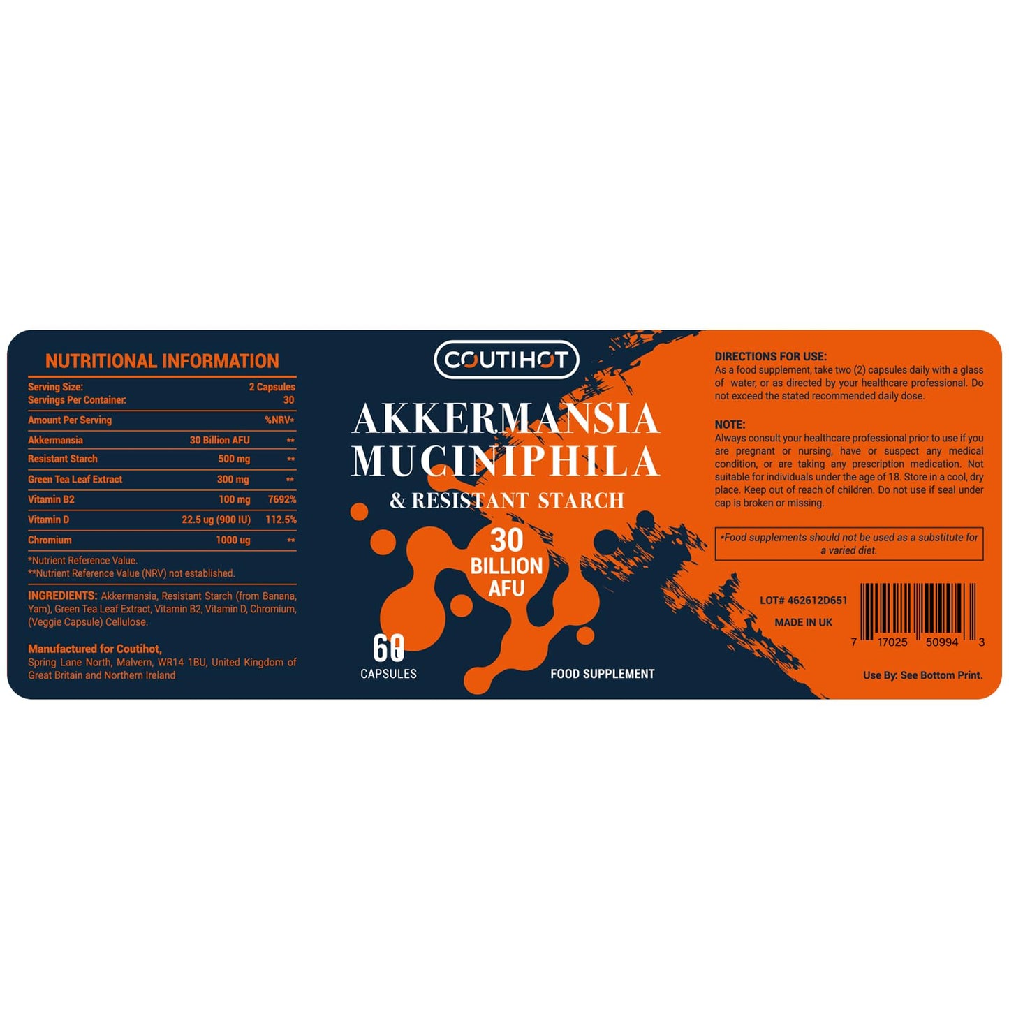 Coutihot Akkermansia Probiotic 30 Billion AFU, Probiotics for Gut Health, Akkermansia Muciniphila & Resistant Starch, Probiotic Supplement for Men & Women, Supports Digestive and Gut Lining, 180 Capsules