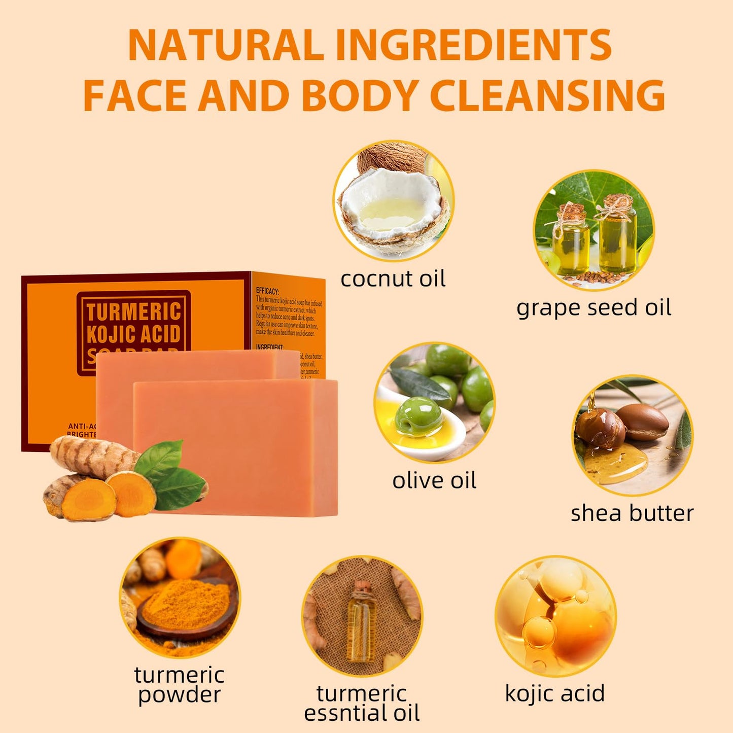 IREV Turmeric Soap with Kojic Acid, Turmeric Soap Bar For Face and Body, Kojic Acid Soap For Dark Spot Remover Brightening Turmeric Soap Bar for Acne Face Bar For Cleansing Exfoliating Wash 200g