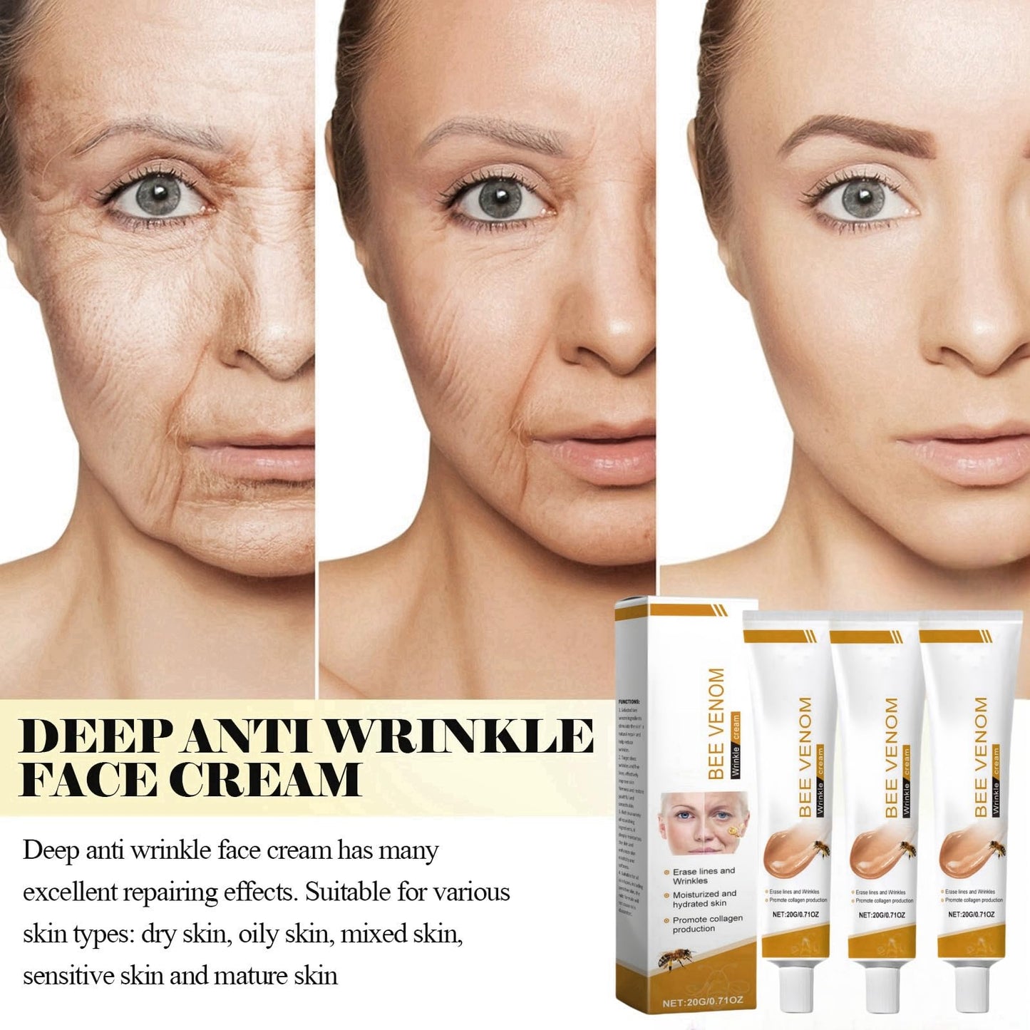 SingHao 3PCS Bee Venom Wrinkle Removal Cream,Bee Ven/om Anti-Wrinkle Cre/am,An/ti Wrin/kle Firming Multi Purpose Cr/eam,Anti Wrink/le Face Moisturizer,Be/e Ve/nom Skin Treatment Cream,Moisturizer C/ream