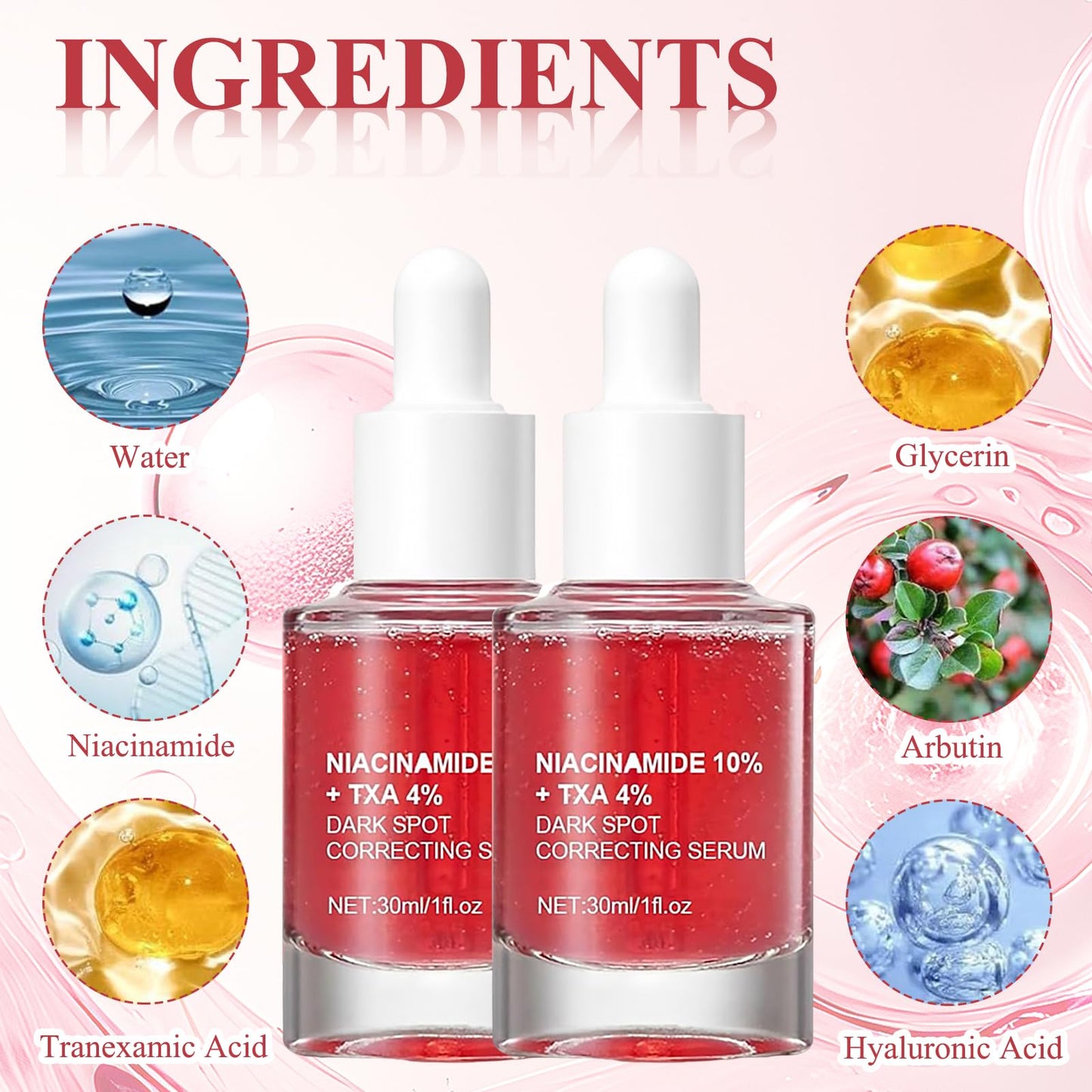 Belligern 2Pcs Dark Spot Correcting Serum,Niacinamide Serum Niacinamide Dark Spot Correcting Serum Targets Signs of Acne With 10% Niacinamide + 4% Tranexamic Acid Even Skin Tone,Fragrance-Free
