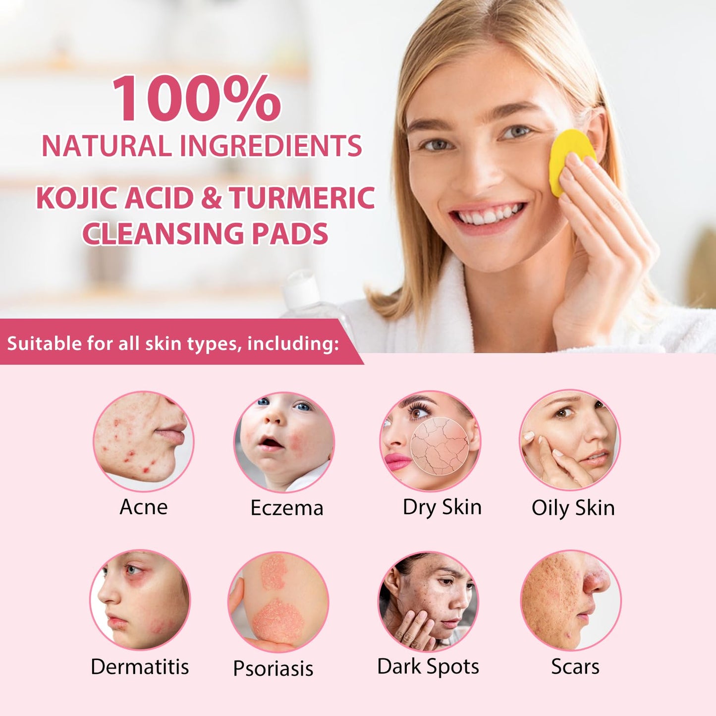 OBNOSWLPJMN 40 Count Koji Acid and Turmeric Cleansing Pads, Turmeric Kojic Acid Exfoliating Pads, Turmeric Kojic Pads, Natural Turmeric Face Cleansing Pads Cosmetic Spa sponges for Facial Cleansing