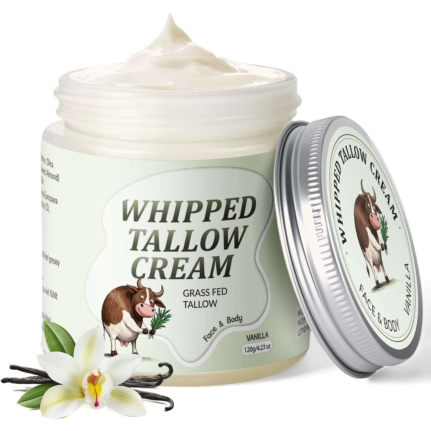 Beef Tallow Skin Care, Whipped Tallow Face Cream, Beef Tallow Moisturiser for Face & Body, Natural Grass Fed Beef Tallow, Skin Care Cream for Dry Skin, Vanillin, 120g