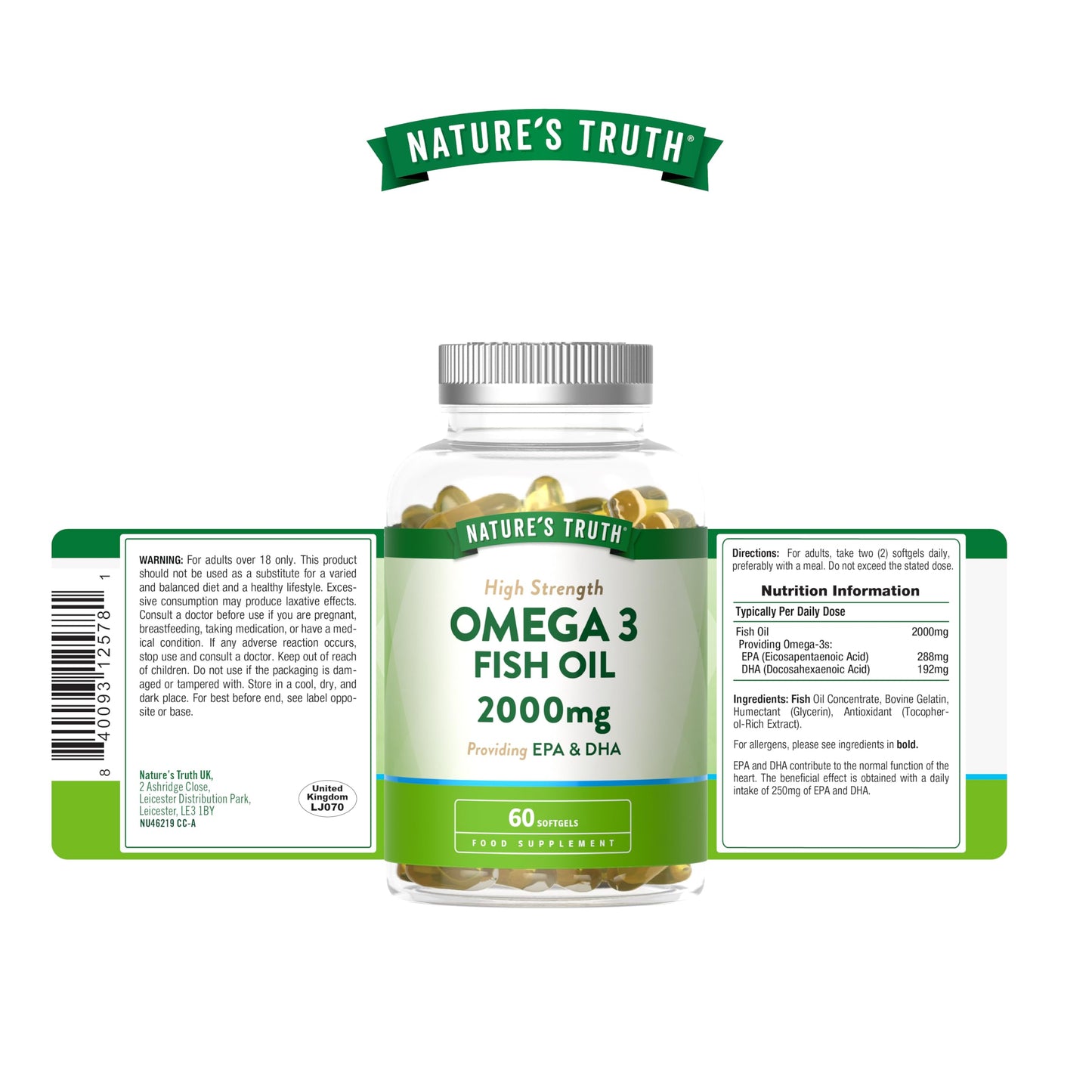 Omega 3 Capsules High Strength 2000mg | Providing EPA & DHA | Natural Source of Omega 3 Fish Oil | Wild-Caught Essential Fatty Acids | 60 Softgels | Nature's Truth
