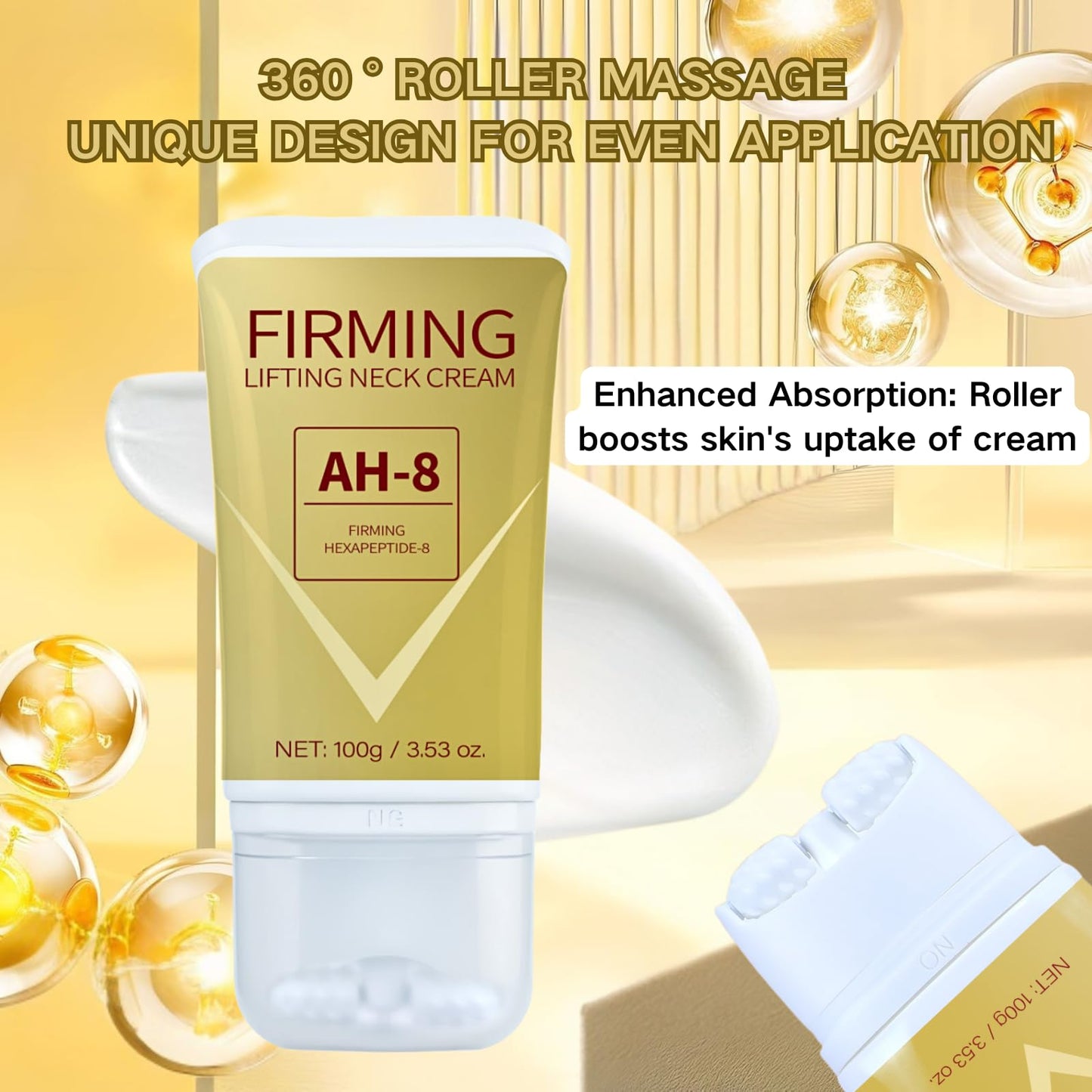 AH-8 Firming Neck Cream, Neck Firming Cream with Double Massage Roller, Tighten and Lift Neck Cream for Sagging Skin, Double Chin Reducer, Fade Fine Lines & Anti-Wrinkle, Moisturizing