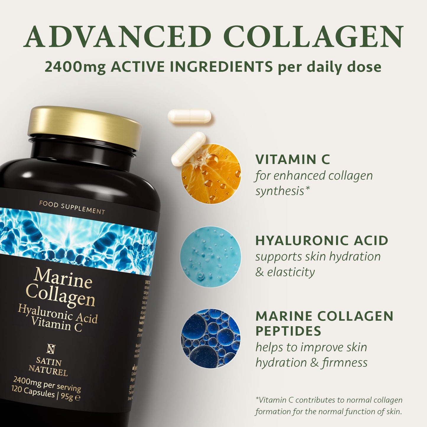 Marine Collagen Capsules with Hyaluronic Acid + Vitamin C 2400mg - High Strength Collagen Supplements for Women - 120 Capsules - for Skin, Joints & Hair - Collagen Tablets Alternative - Satin Naturel