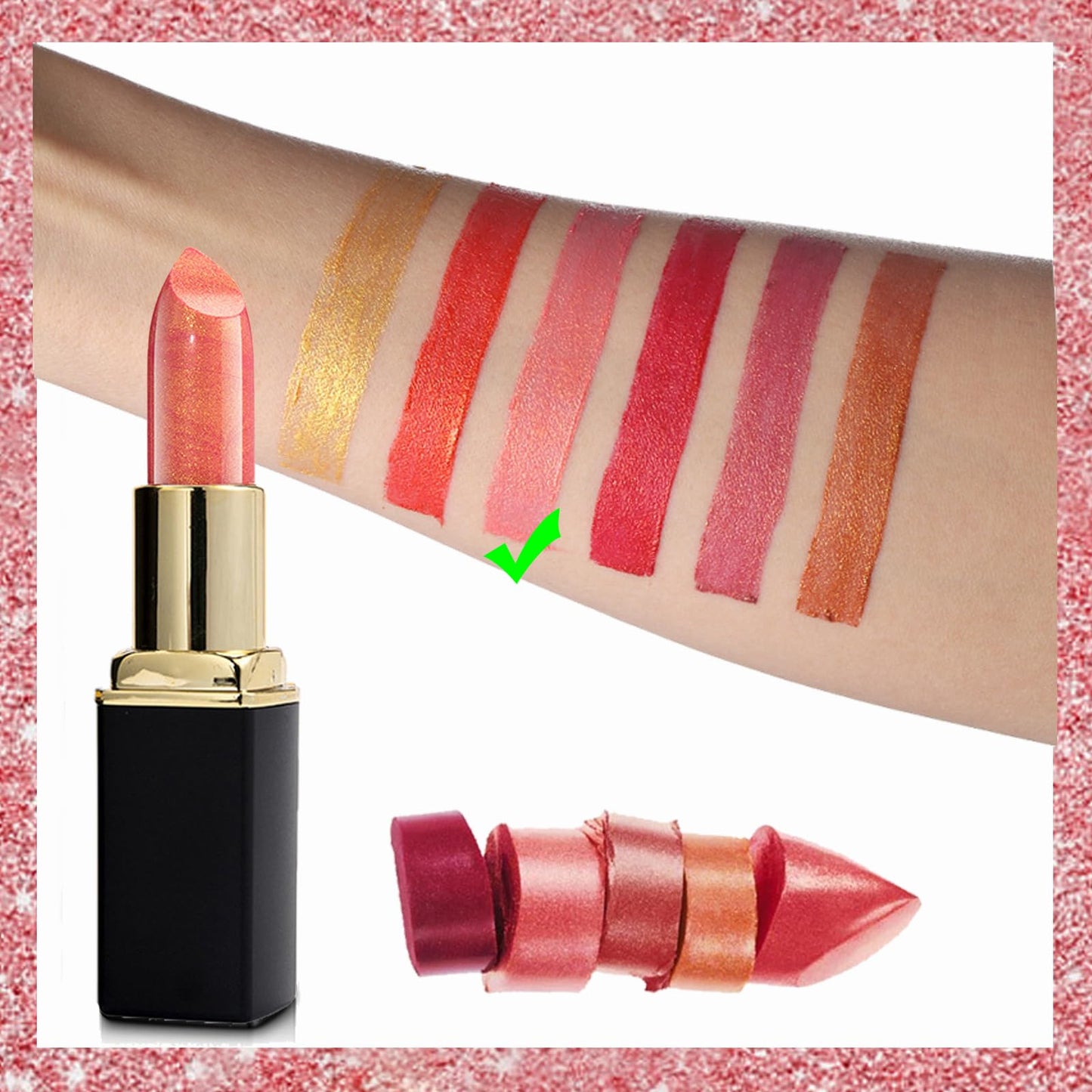 GEEWHILE Lipstick, Glitter Metallic Lipstick, Shimmer Non-Stick Cup Pink Lipstick, Long Lasting, Waterproof Hydrating Lip Stick Lip Gloss, Not Fade Non Drying Lipstick for Girls Women