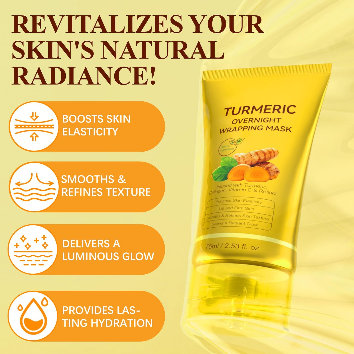 Uocasi Turmeric Collagen Overnight Wrapping Mask,Kojic Acid Turmeric Night Wrapping Peel Off Mask -Gentle On The Skin,Brighten Skin,Moisturizing,Nourishes Dull,Uneven Skin,Firming Skin For Glowing Skin -75ML