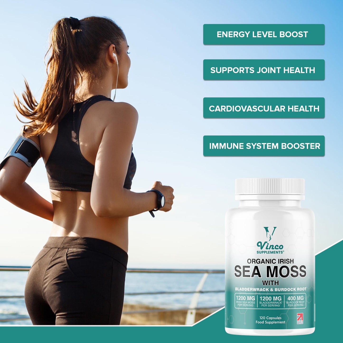 Vinco Supplements Organic Irish Sea Moss Capsules with Bladderwrack & Burdock Root - Sea Moss Supplement, Organic Sea Moss 1200mg, Bladderwrack 1200mg & Burdock 400mg per Serving - Gluten Free, Non-GMO (120 Capsules)