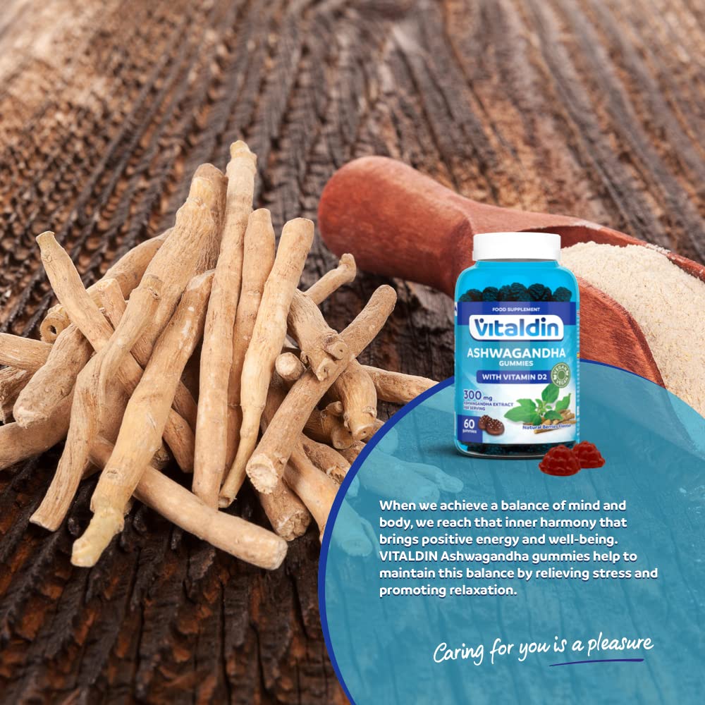 VITALDIN Ashwagandha Gummies – 300 mg Ashwagandha Root Extract KSM-66 & 1.000 IU Vitamin D2 – 60 Chewable Gummies (1 Month Supply) Berries Flavour – Anti-Stress adaptogen; Calm and Relaxation – Vegan