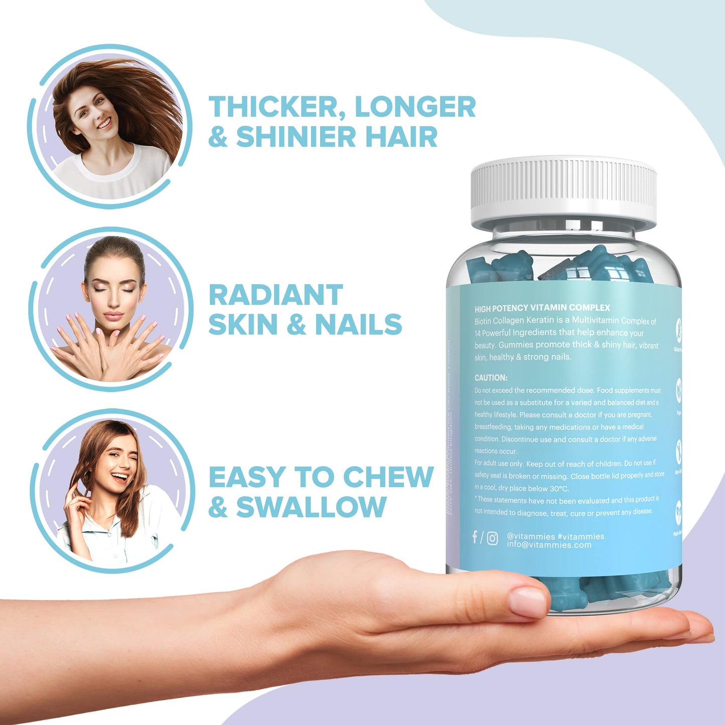 Vitammies Biotin Gummies 5000mcg for Hair, Skin, and Nails | Multivitamin for Women with Biotin, Keratin & Fish Collagen | Non Vegan | Anti-Aging | Gluten-Free | Plant-Based (60 Gummies)