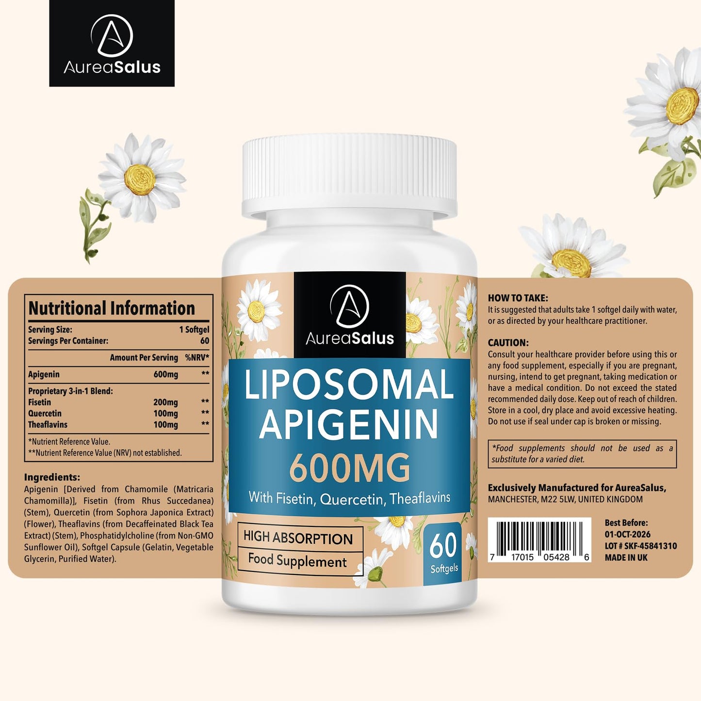 Apigenin 600mg, Extra Strength Liposomal Apigenin Supplement with Fisetin, Quercetin and Theaflavins for Sleep, Relaxation & Mood, Powerful Flavonoid & Antioxidants (60 Count (Pack of 1))