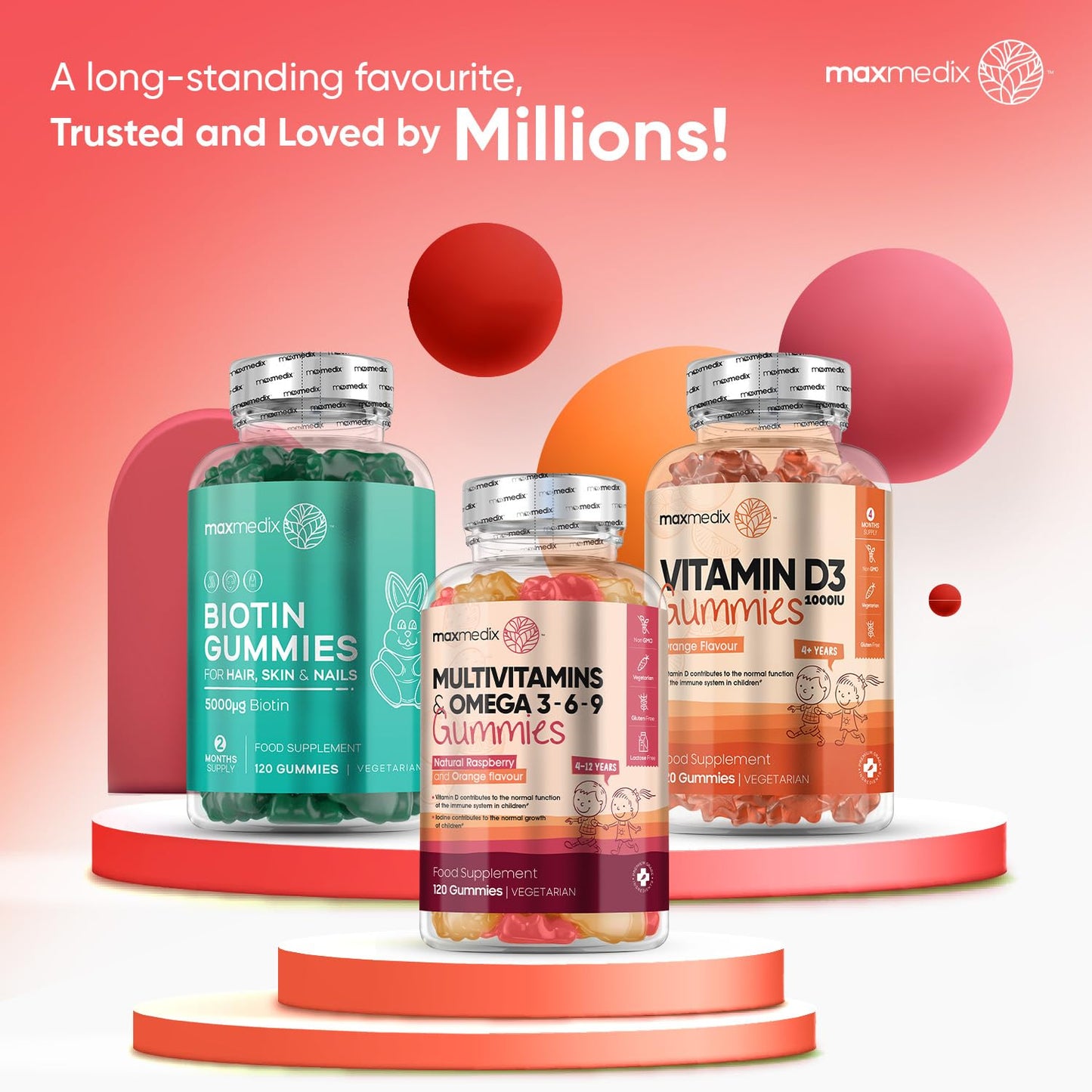 Multivitamin for Kids - 120 Natural Raspberry & Orange Flavour Chewable Gummies (2 Month Supply) - Low-Sugar Kids Vitamins Multivitamins with Zinc & Omega 3, 6 & 9 - Vegetarian Vitamins for Kids