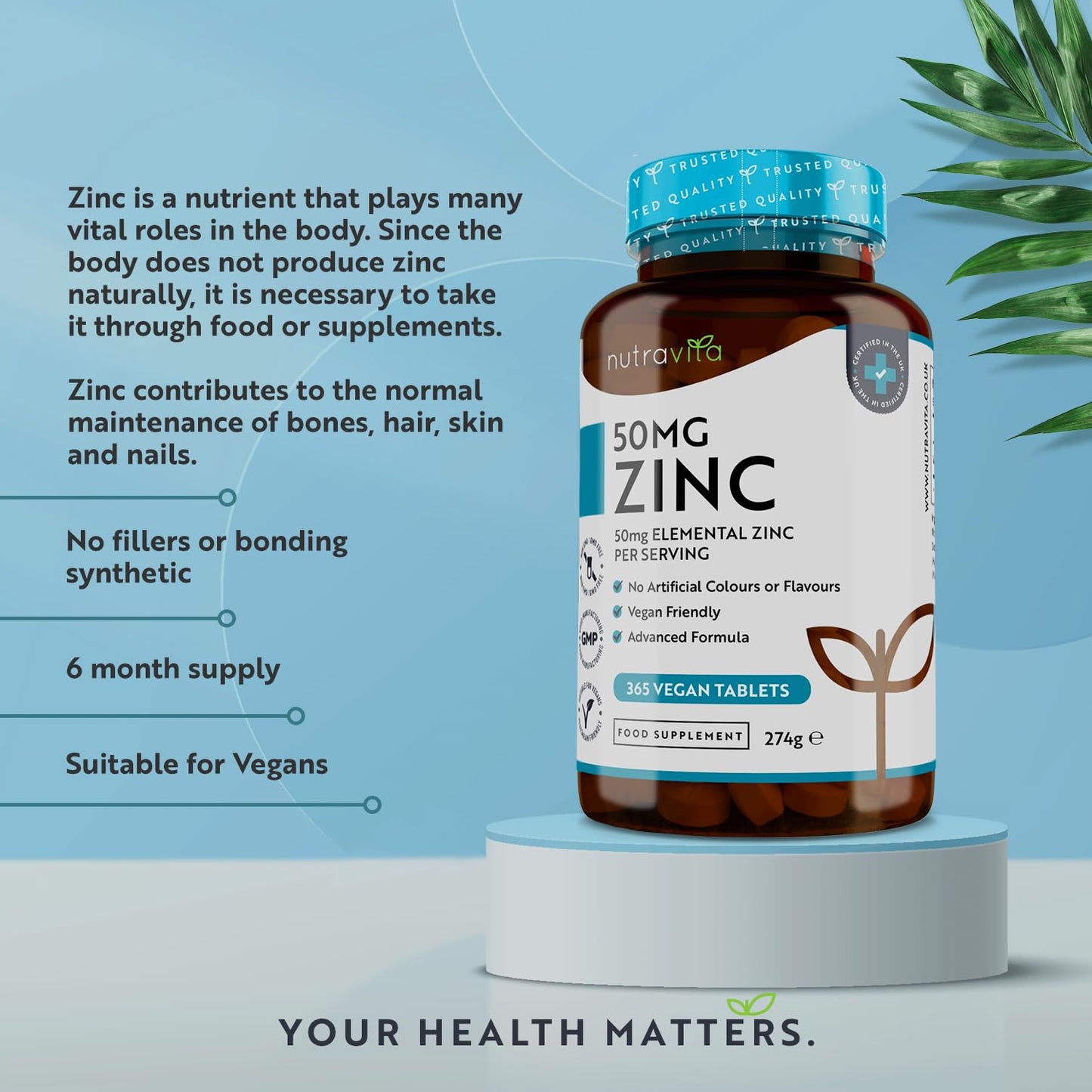 Zinc Tablets 50mg – 365 Vegan Tablets for 6 Months Supply – Zinc Supplement High Strength for Maintenance of Normal Immune System, Bones, Hair, Skin & Nails – Made in The UK by Nutravita