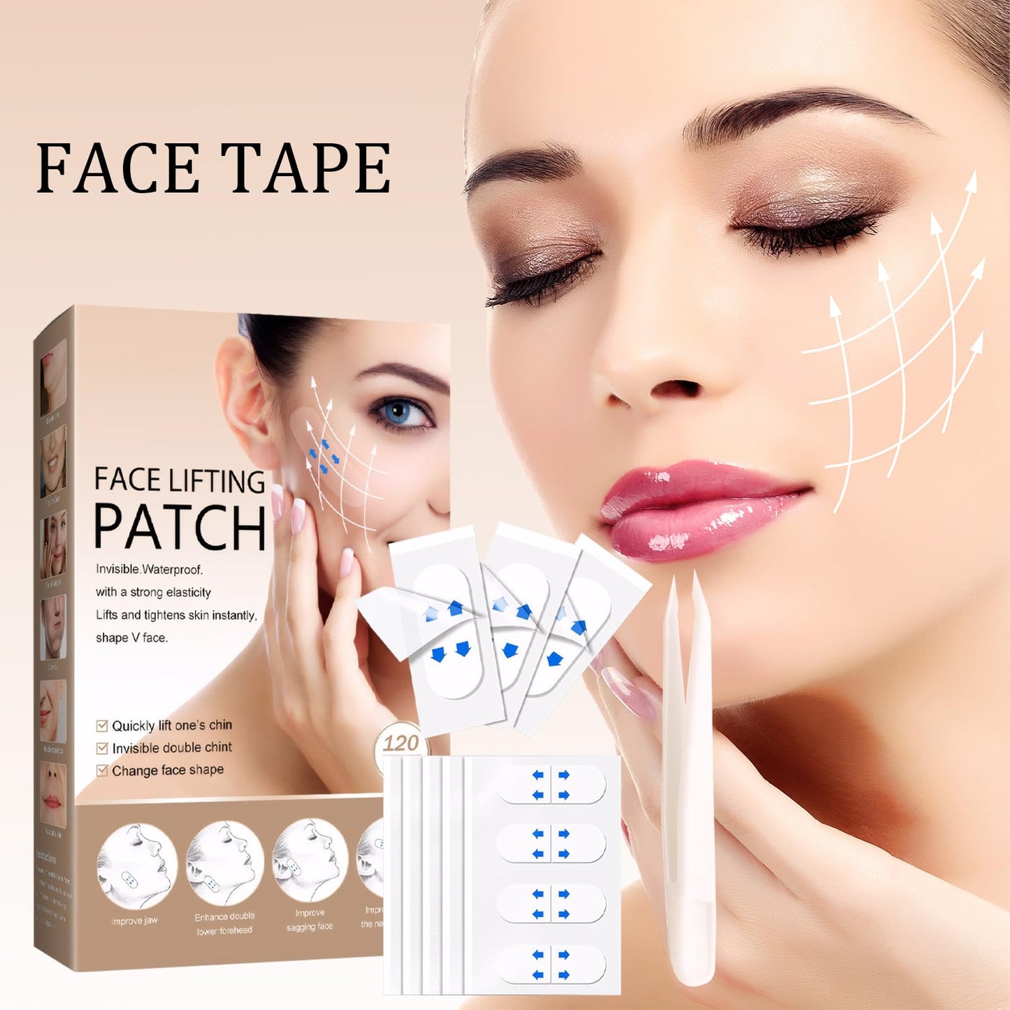 120PCS Face Tape Lift,Invisible Hiding Face Lifting Tape,Facelift Tape for Face Invisible,Neck Tape,Anti-Wrinkle Patches,for Double Chin Neck and Facial Wrinkles,with 1 Pair of White Tweezers