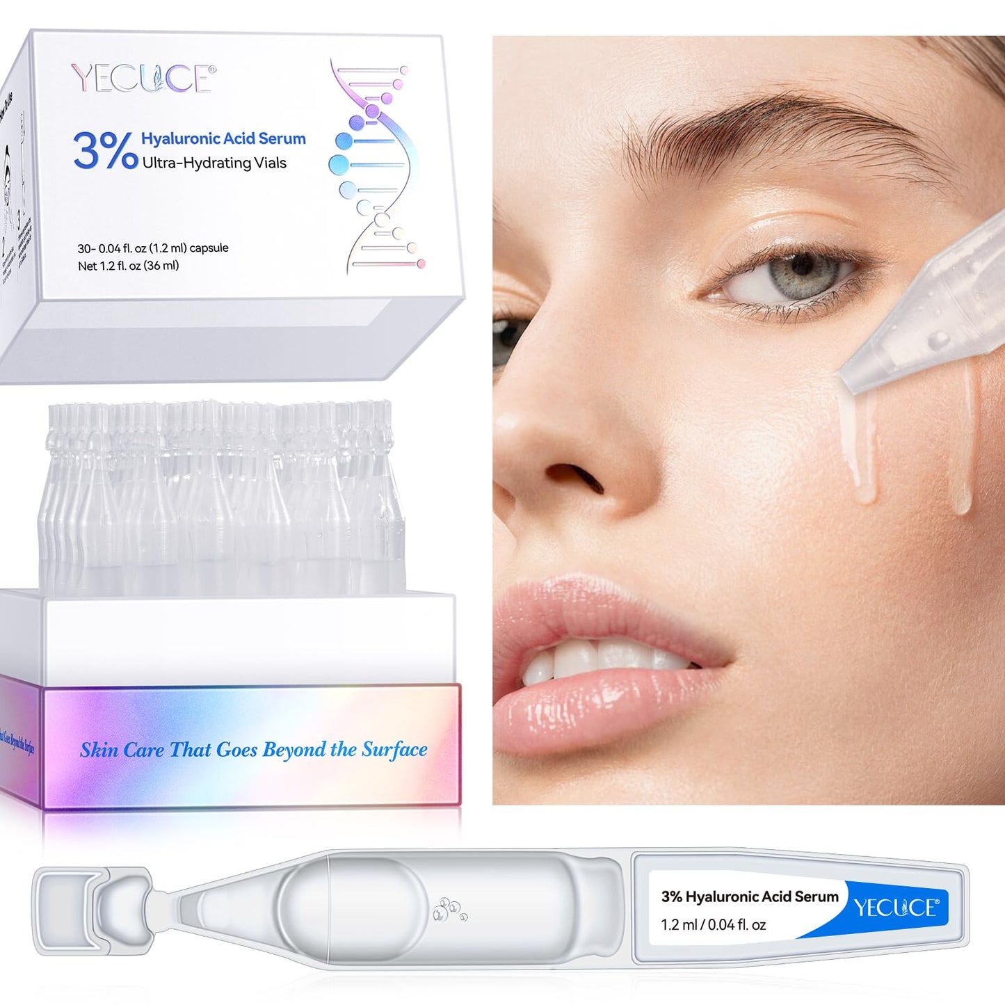 Uocasi Hyaluronic Acid Tubes, 3% Hyaluronic Acid Serum Ultra-Hydrating Vials for face & Skin | Pre-makeup SkinCare | Anti-Aging serum for Sensitive skin, Deep Moisturizing Facial Serum - 30Pcs/Box