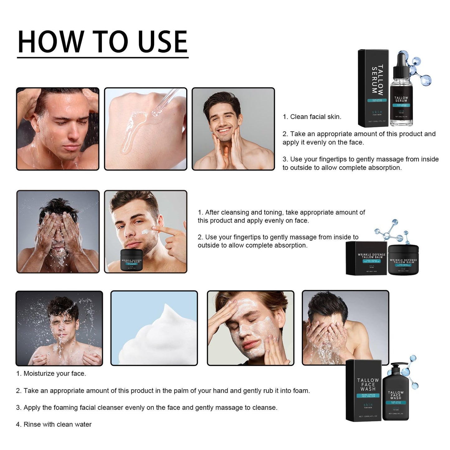 Men's Beef Tallow Skincare Kit - Face Wash, Serum & Cream - Nourishing Moisturizer for Day and Night - Includes Men's Grooming Sets and Facial Kit