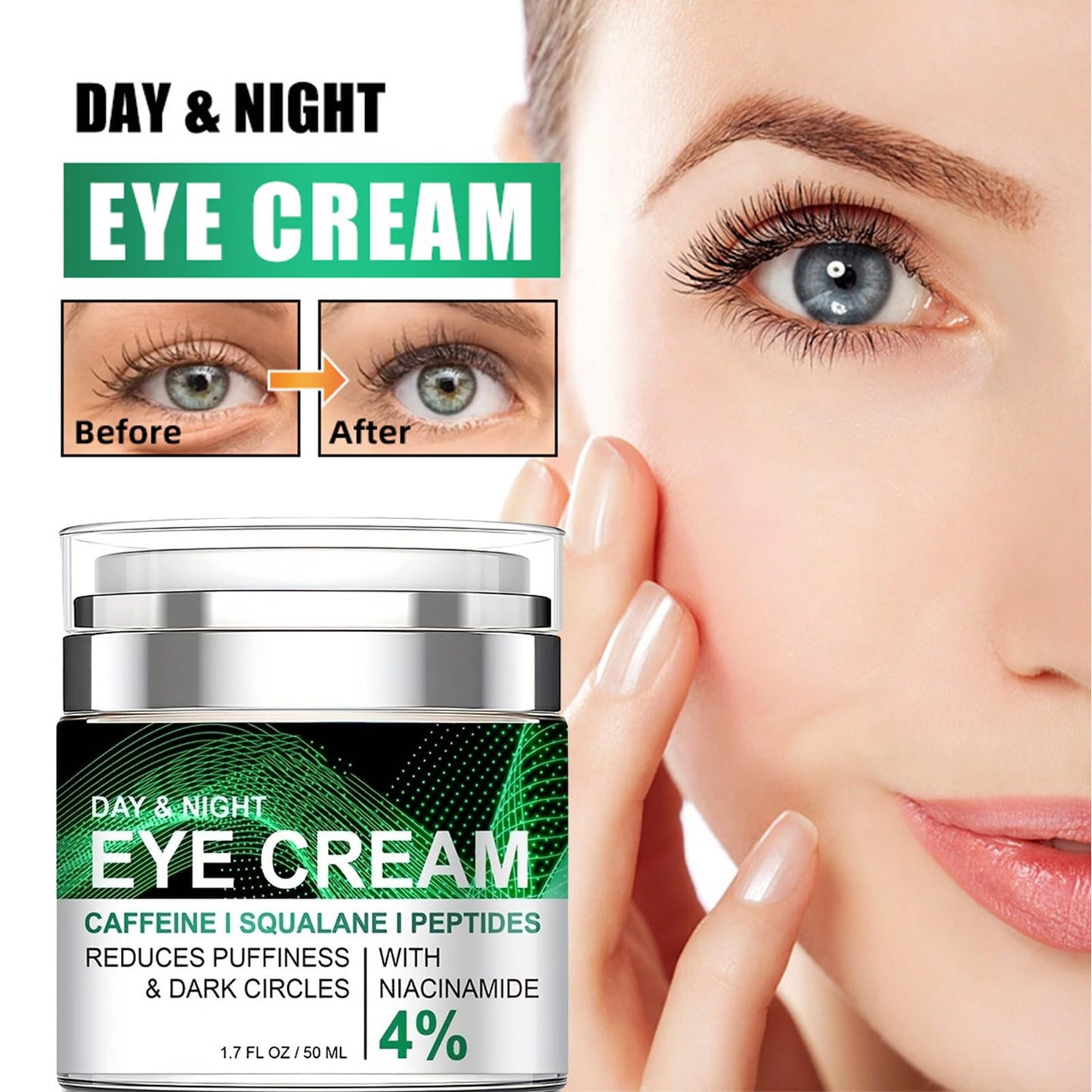 Caffeine Eye Cream for Puffiness and Bags Under Eyes Daily Anti-Wrinkle Cream Collagen Eye Cream Day and Night Peptide Eye Cream Reduce Fine Lines Around the Eyes Smoothing Skin Care 1.7 FL OZ