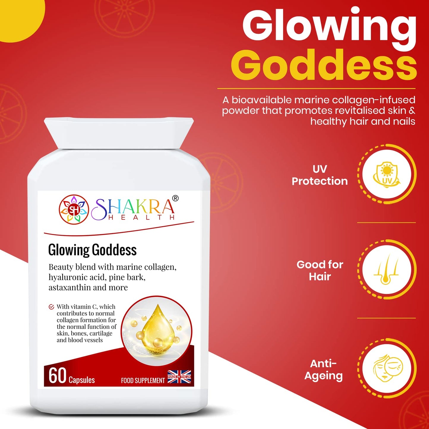 Glowing Goddess 60 Ultimate Marine Collagen Complex Capsules for Bones, Cartilage, Hair, Skin Pigmentation, Ageing, Beauty & UV Protection