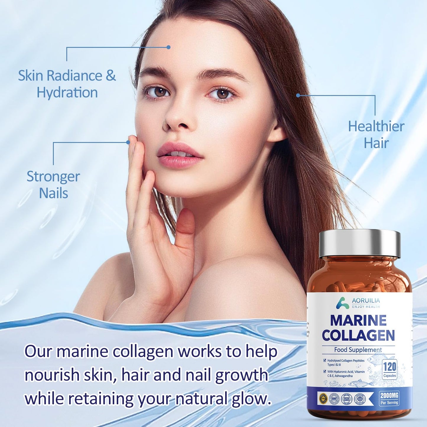 Marine Collagen Supplements for Women Men 2000mg 120 Capsules Hyaluronic Acid, Vitamin C, Vitamin E & Ashwagandha, Hydrolysed Collagen Peptides Types I & III Collagen Complex for Skin Joints Hair