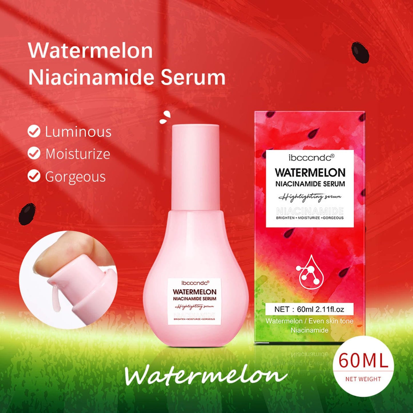 Grospe Watermelon Niacinamide Serum Moisturising Glowing Skin Tightens Pores Mixed with Foundation Makeup Primer Cream Watermelon Serum 60ml
