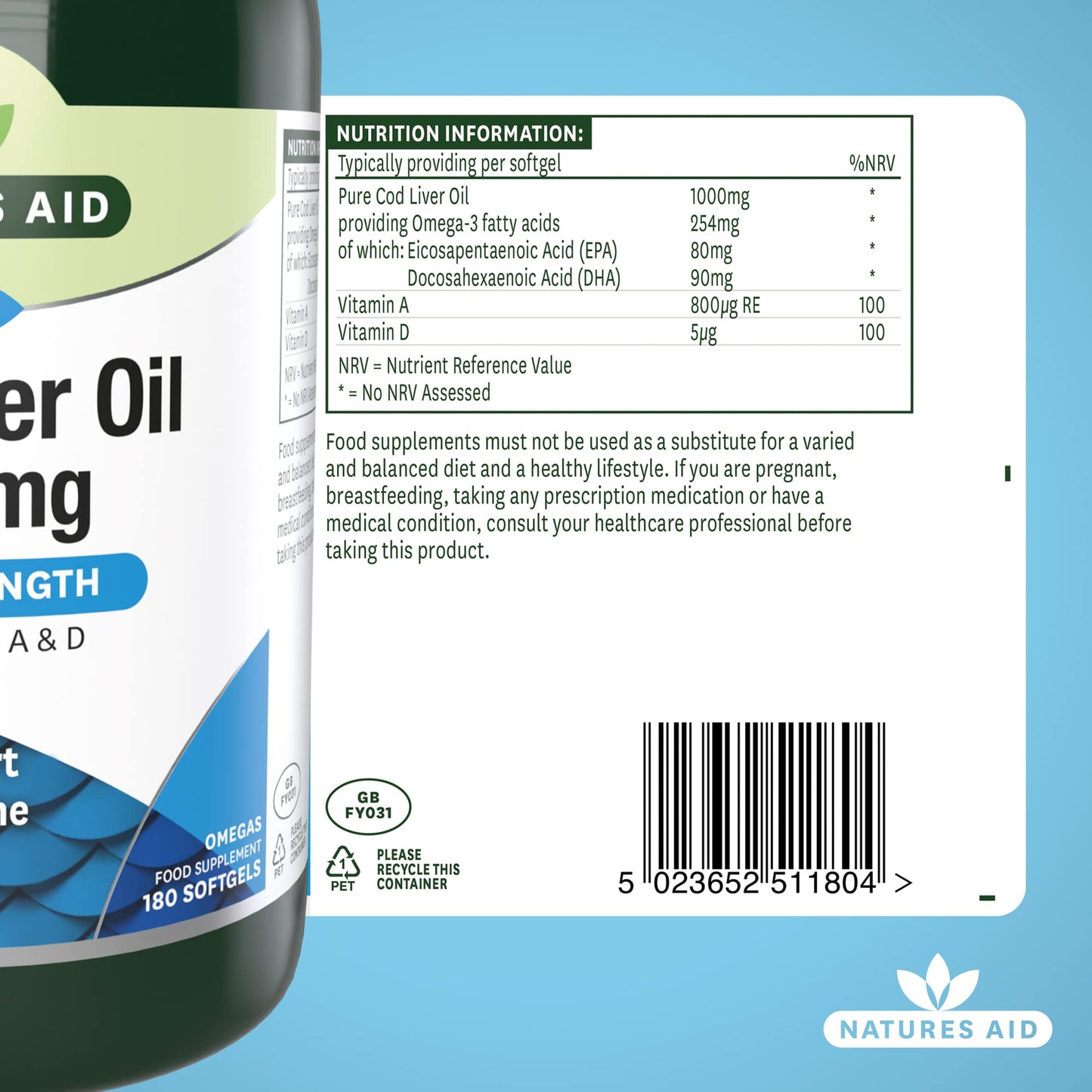 Natures Aid Cod Liver Oil 1000mg Softgels – High Strength Omega-3 Fish Oil with Vitamins A & D – Supports Immune System, Heart Health, Brain, Vision, Joints – Non-GMO – 180 Capsules