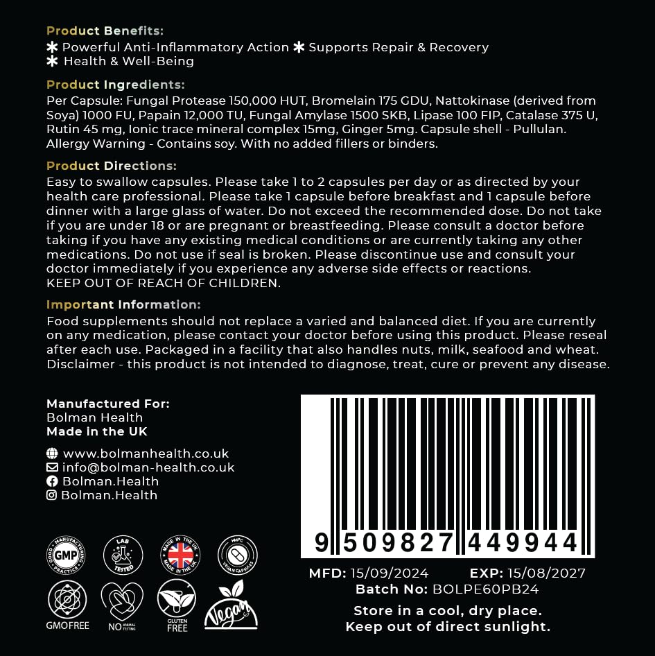 Bolman Health Systemic Proteolytic Enzymes | UK Made | Mixed Enzyme Formula | 60 HMPC Vegan Friendly Capsules | Repair & Recovery | No Addictives