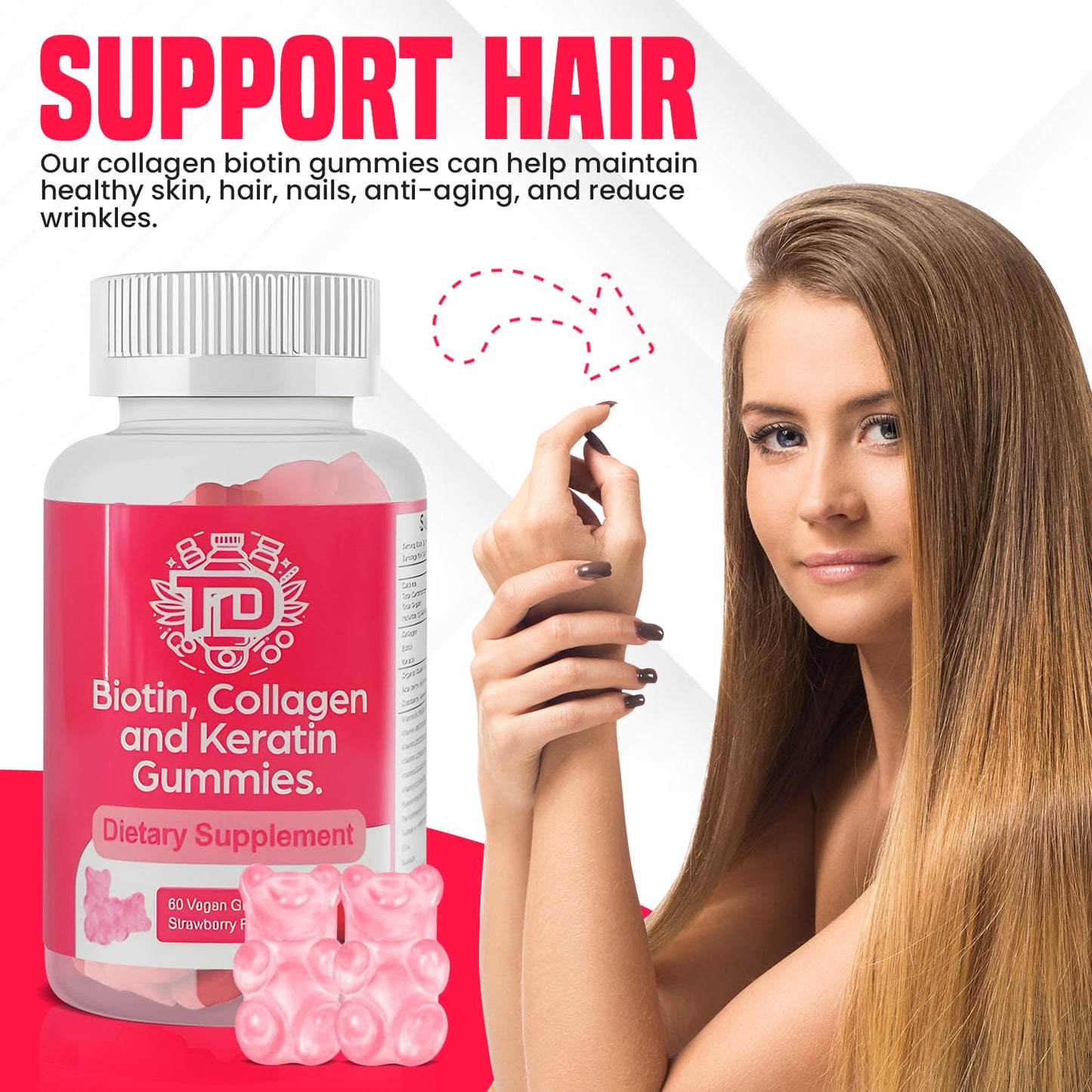 Biotin, Collagen and Keratin Gummies, Vitamins A, B6, B12, C, D, E | Supports Healthier Hair, Skin, Nails - 60 Vegan Strawberry Flavoured Gummies