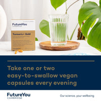 Turmeric+ Gold Supplement – 28 Turmeric Capsules High Strength – Curcumin Capsule Patented Meriva Formulation with Vitamins C & D – Turmeric Tablets for Bones, Joints & Muscles by FutureYou Cambridge.