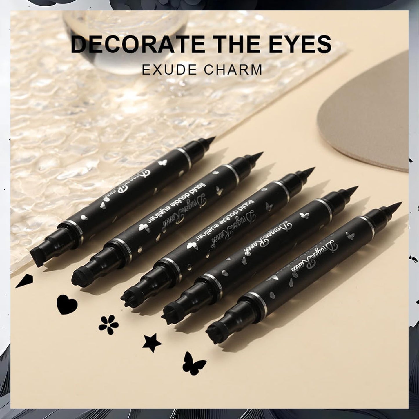 MINSHZEE Liquid Eyeliner, 5 Pcs Black Liquid Eyeliner Stamp Pen Set, Dual Tip Waterproof and Smudge-proof, Black Eyeliner Tattoo Makeup Tool, 5 Decorative Shapes (Heart, Flower, Star, Butterfly, Triangle Stamp