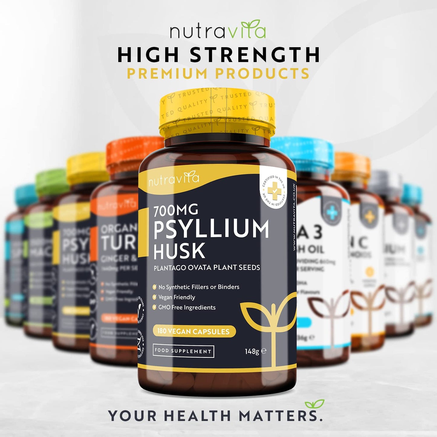 Psyllium Husks Fibre Supplement – 1400mg per Serving – Naturally High in Soluble Fibre – 180 Vegan Capsules – Supports Daily Rhythm – 100% Pure Plantago Ovata Plant Seeds – Made in The UK by Nutravita
