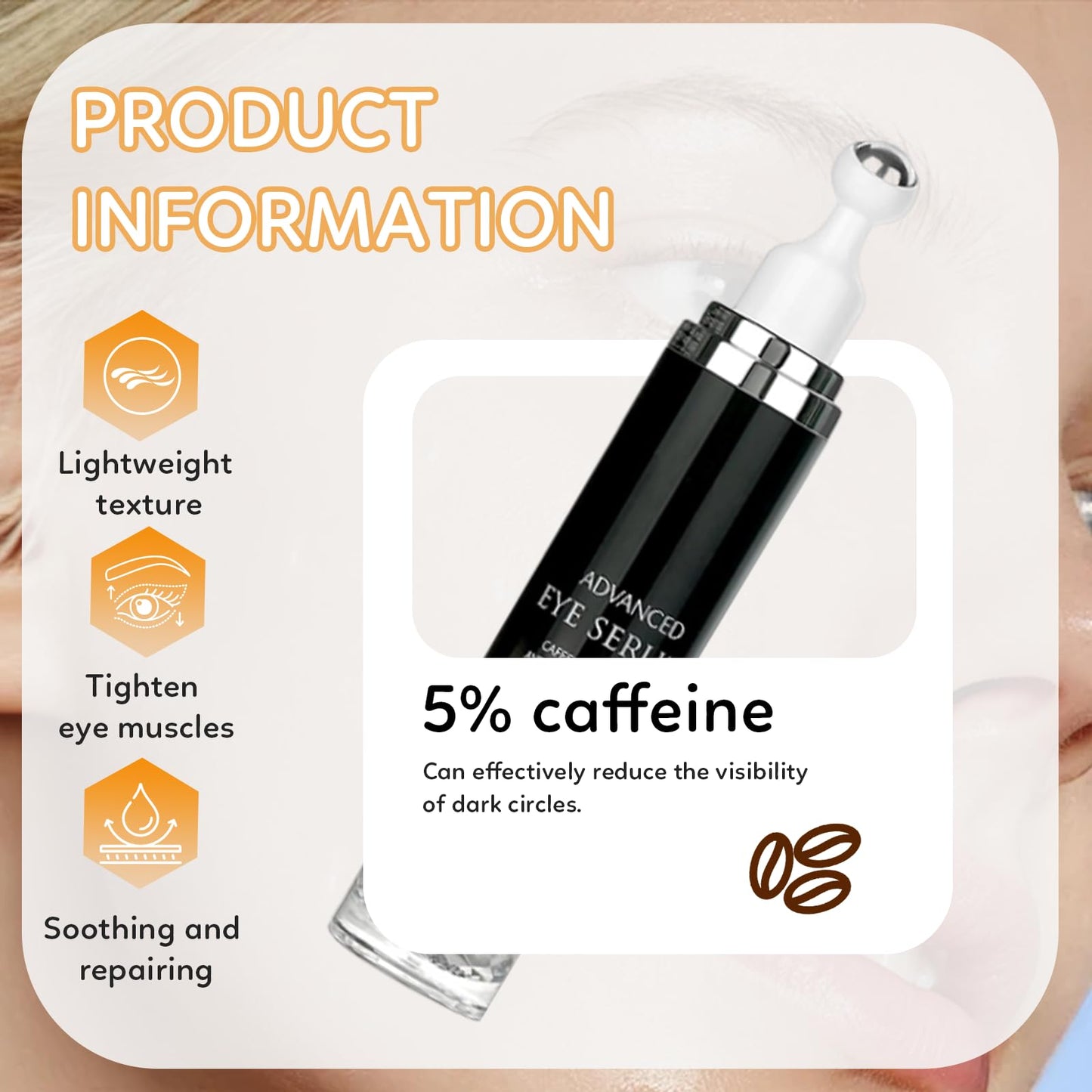 Generic Eye Cream with 5% Caffeine, Reduces Dark Circles, Anti-Wrinkle & Firming, Depuffing Eye Serum, Unisex Eye Care, 15ml