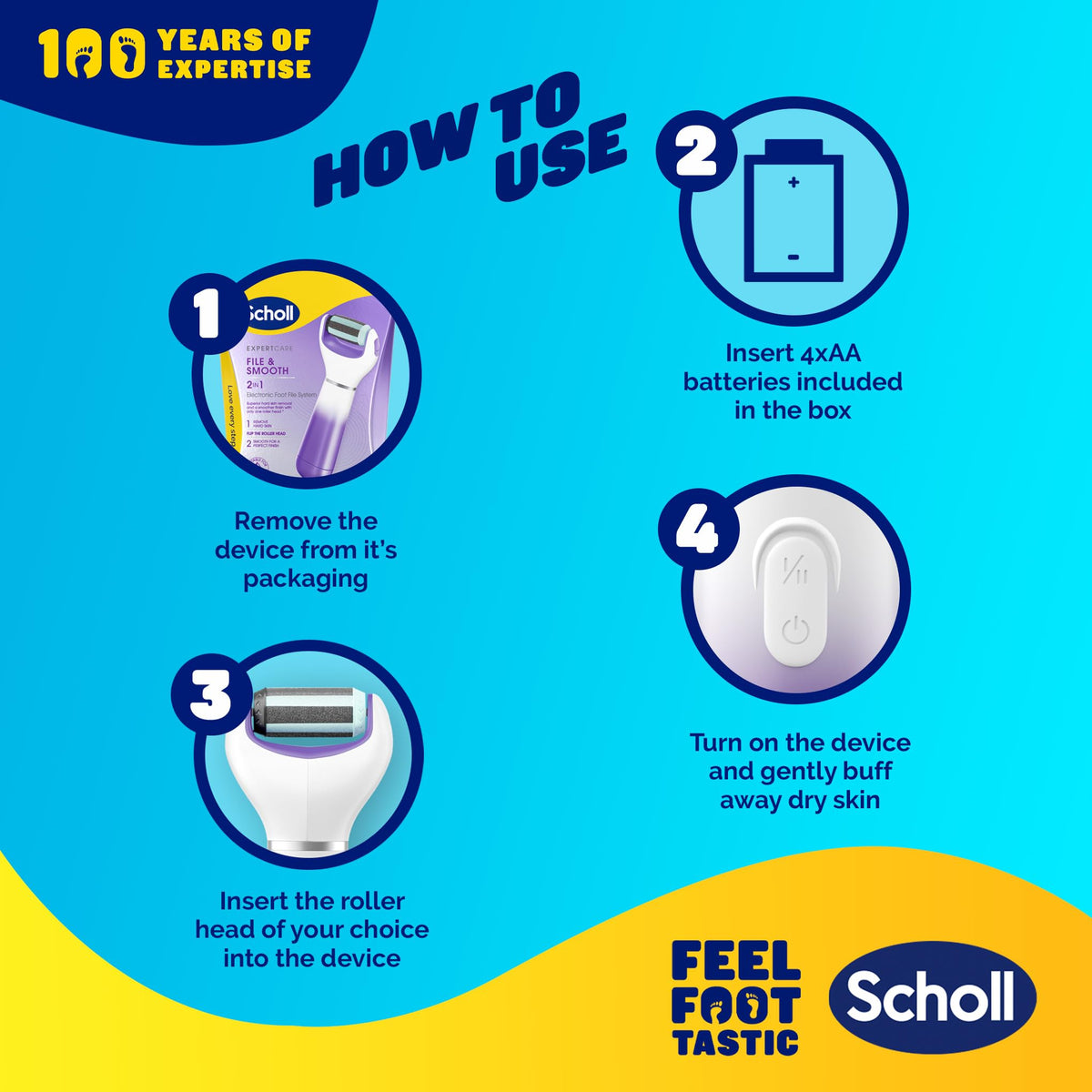 Dr. Scholl's Scholl ExpertCare 2-in-1 File & Smooth. Dual Speed Pedi Electric Foot File for Hard Skin and Callus Removal. Batteries Included