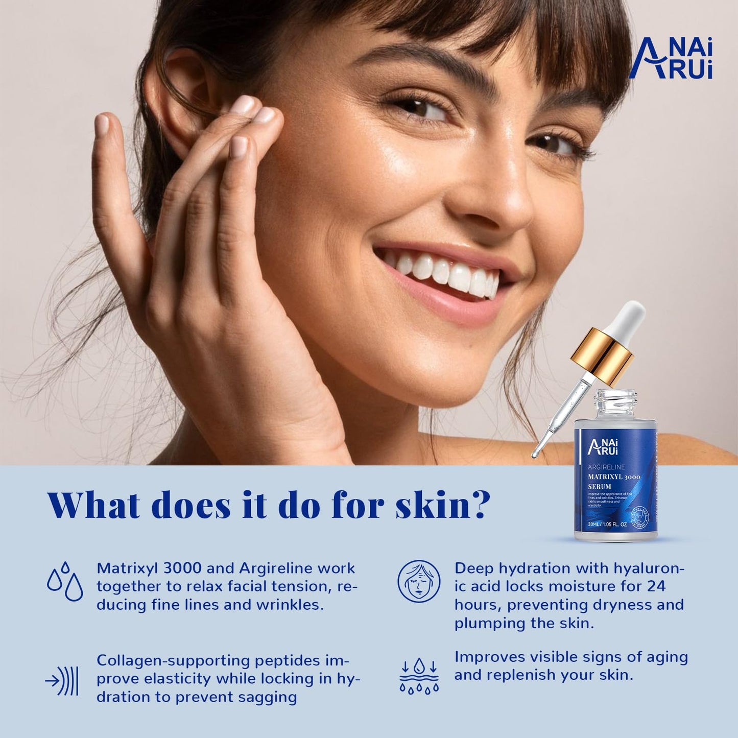 ANAI RUI ANAiRUi Matrixyl 3000 & Argireline Anti-Aging Face Serum with Peptide, Hyaluronic Acid, Against Wrinkles, Boost Collagen & Hydrate Skin | Fast-Absorbing Formula for Mature & Dry Skin | 30ml