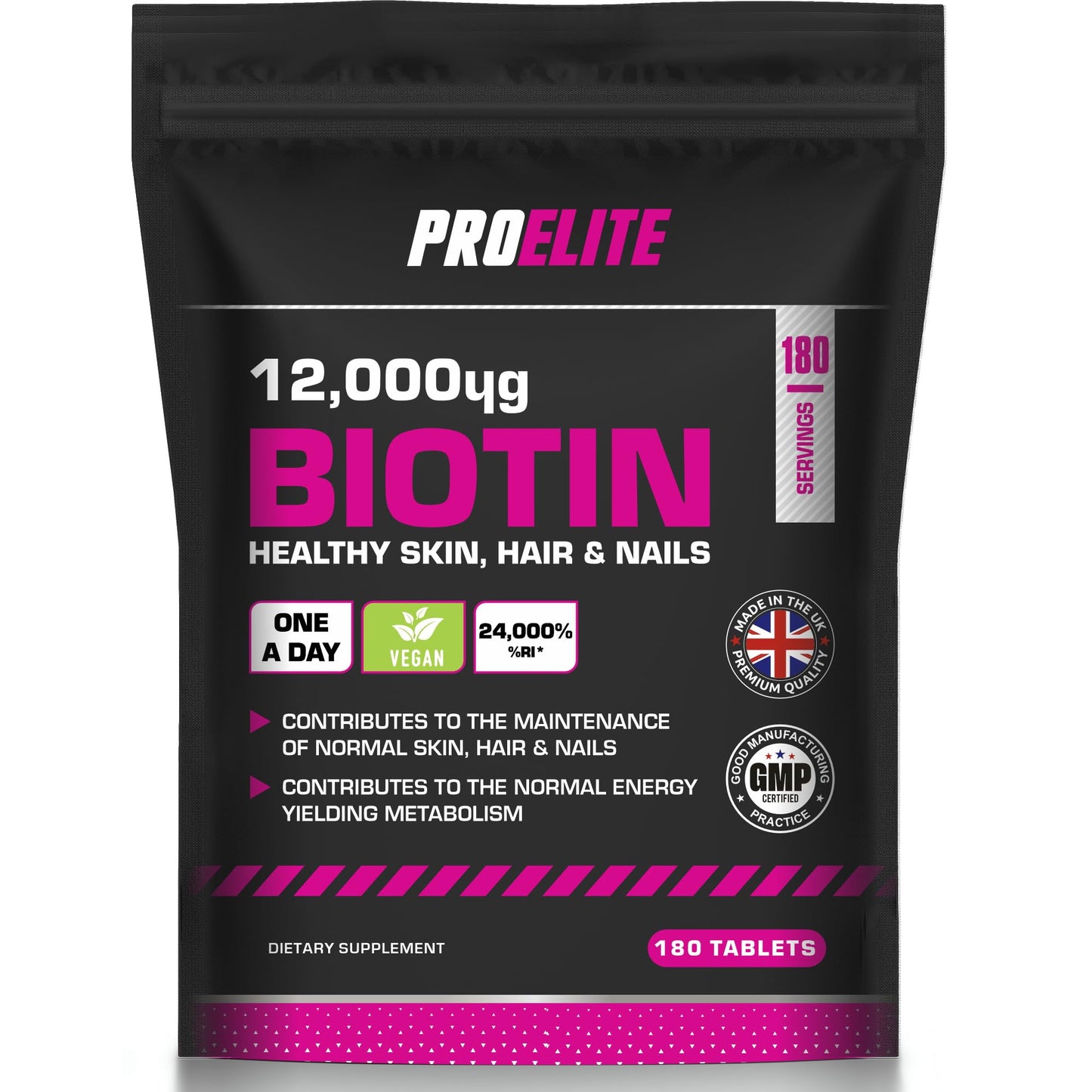 Biotin Hair Growth Supplement 12,000mcg - 180 Vegan High Strength Biotin Tablets - Hair and Nails Vitamins for Women & Men - Supports Hair, Skin & Nail Growth Vitamin B7 Tablets - PROELITE