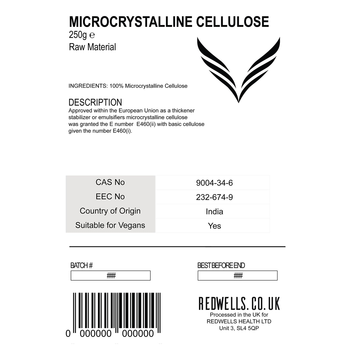 Microcrystalline Cellulose Powder REDWELLS Tablet Excipient - 250g Pack