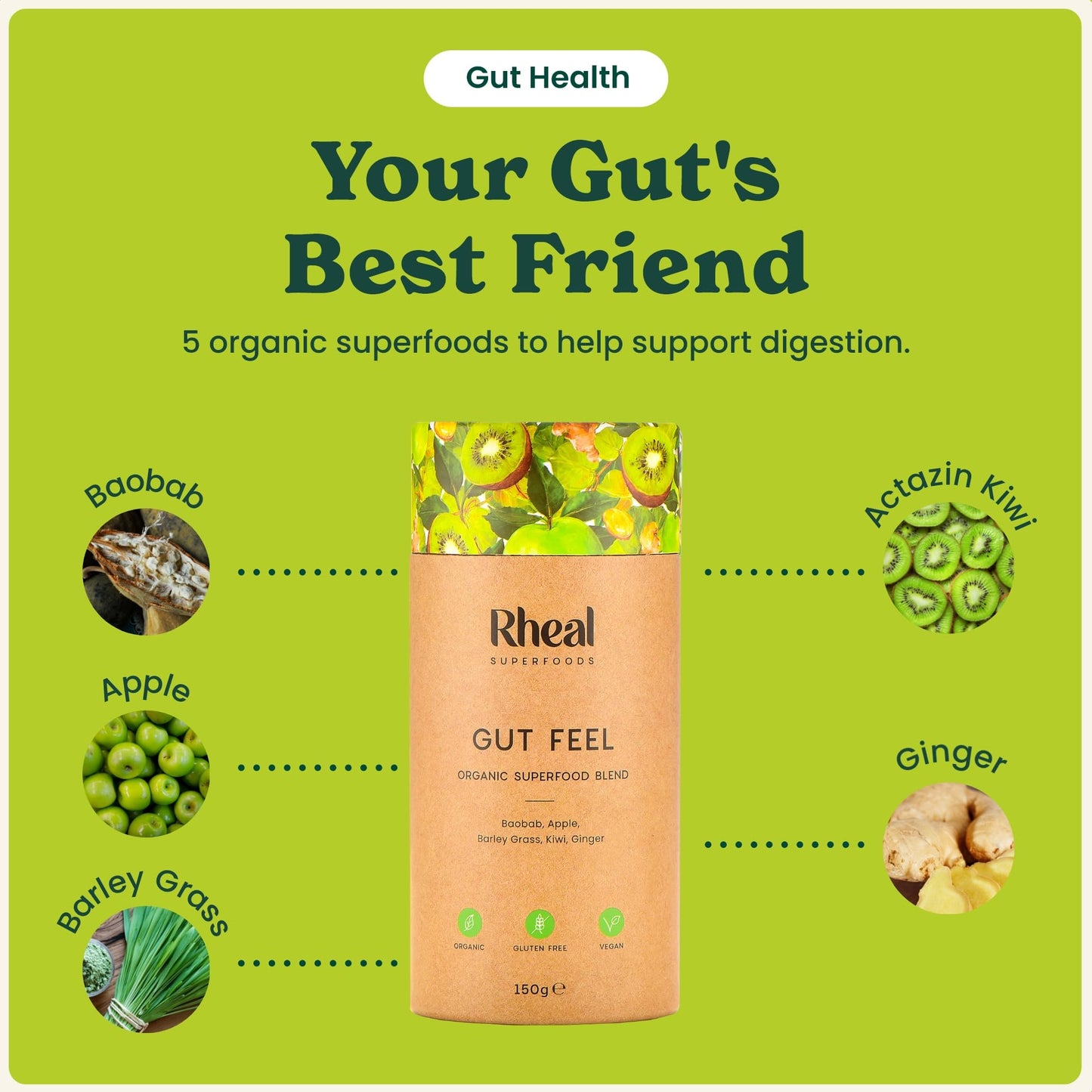 Rheal Gut Feel 150g | 30 Servings | Supports Digestion & Gut Health| Source of Fibre | 600mg Actazin Kiwi | Organic Superfoods with Ginger & Baobab | Certified B Corp