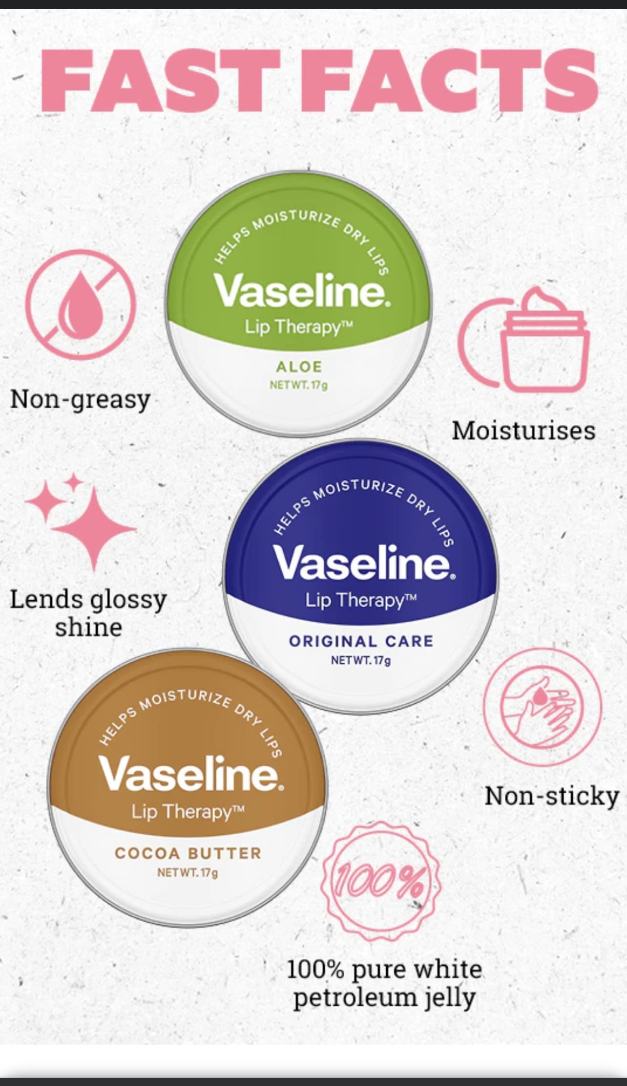 Generic Vaseline Petroleum Jelly Lip Balms - THREE 20g Pocket Size Tins - Aloe Vera, Cocoa Butter, Original, Lip Repair Therapy Protects Dry Cracked