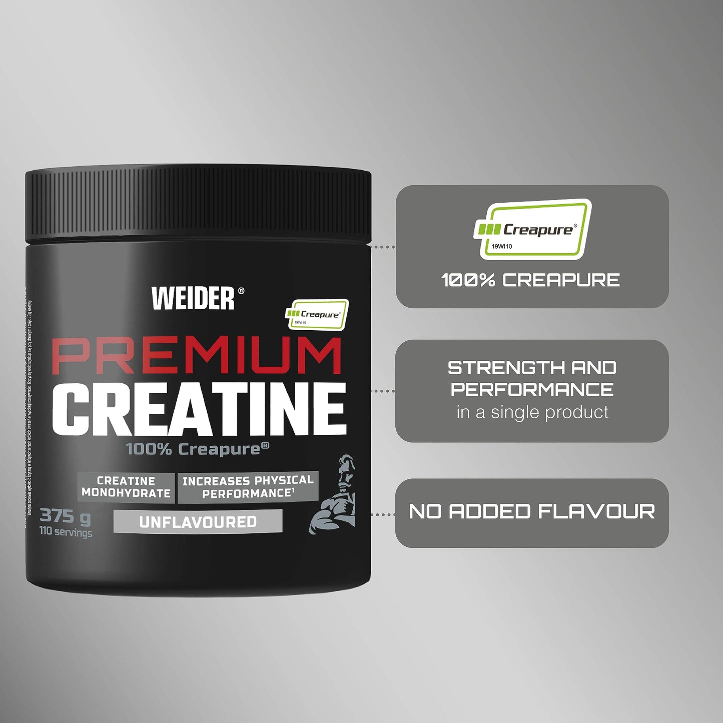Weider Premium Creatine (375g) UnFlavoured. 100% Pure Creatine Monohydrate Creapure, No Sugar, no additives, Vegan, Increases Physical Performance (110 Servings)