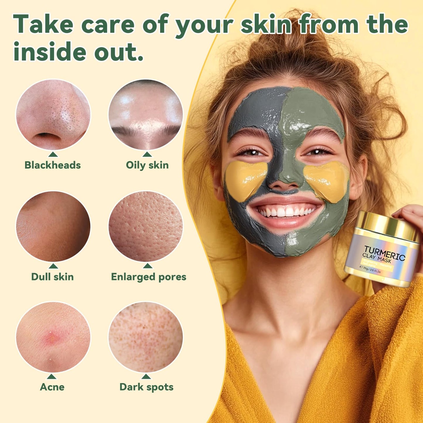 Face Masks Skincare, Clay Mask Kit, 3-Set Turmeric Vitamin C Clay Mask, Dead Sea Mud Mask, Green Tea Deep Cleanse Mask for Detoxing, Reducing Acne, Oil Control, Dark Spots, Pores and Blackheads