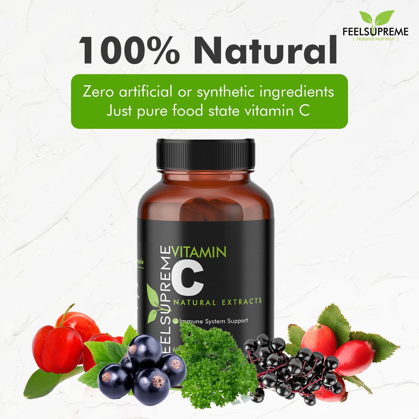 Feel Supreme 100% Natural Vitamin C 60 High Strength Food State Non-Synthetic Capsules Supplement Immune System Support No Nasty Fillers or Binders