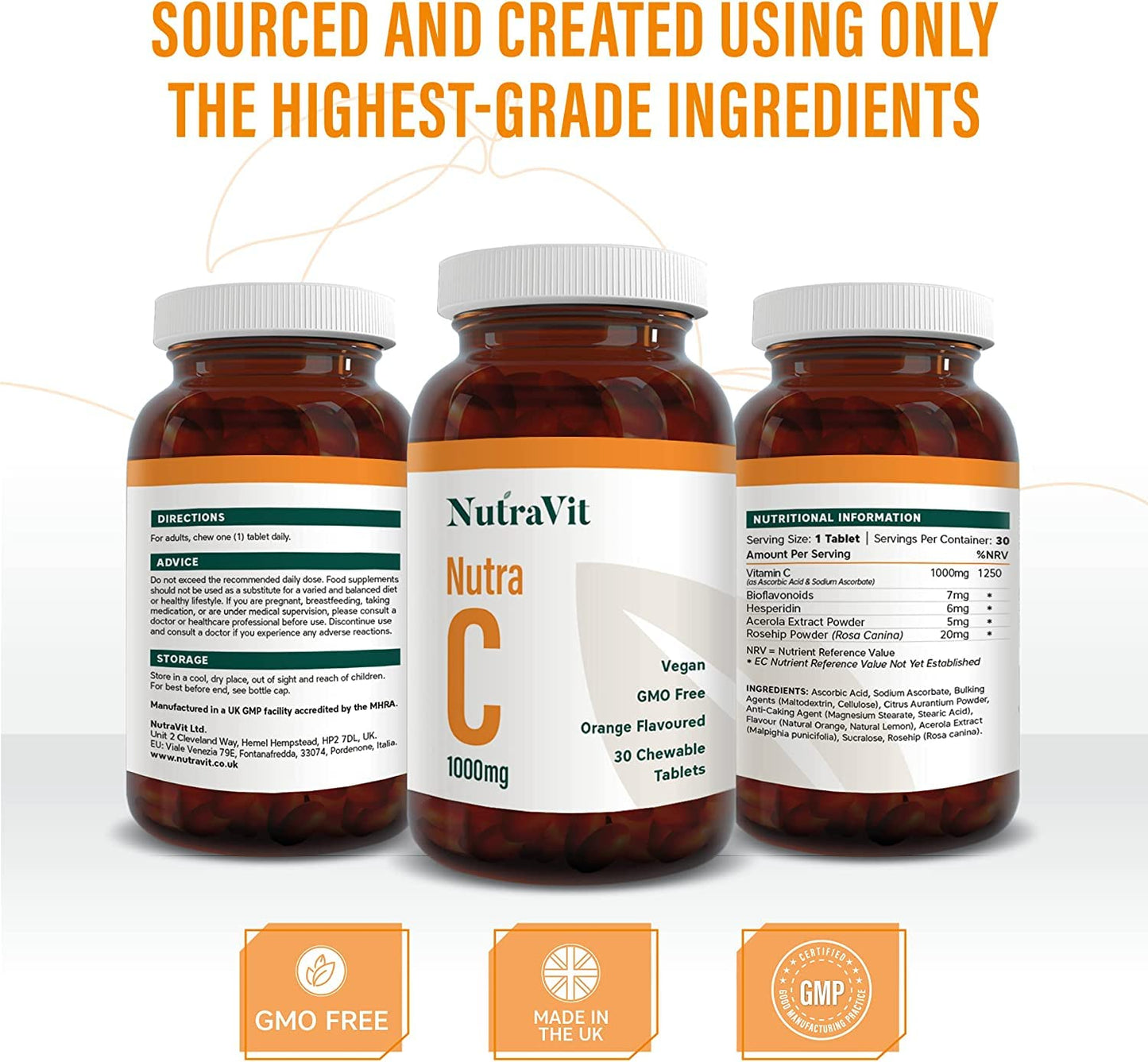 NUTRA C - Vitamin C 1000mg - 30 Chewable Tablets - High Strength Vegan Tablets - Gluten Free | Orange Flavoured - with Rosehip, Hesperidin & Acerola - Manufactured in a UK MHRA GMP Facility - NUTRAVIT